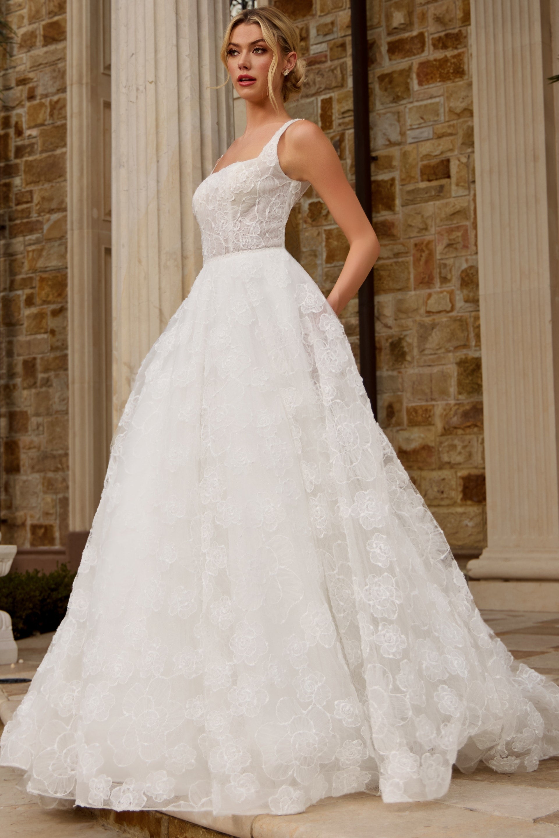 Square Neck Floor-Length Lace Bridal Ball Gown Jovani JB45834