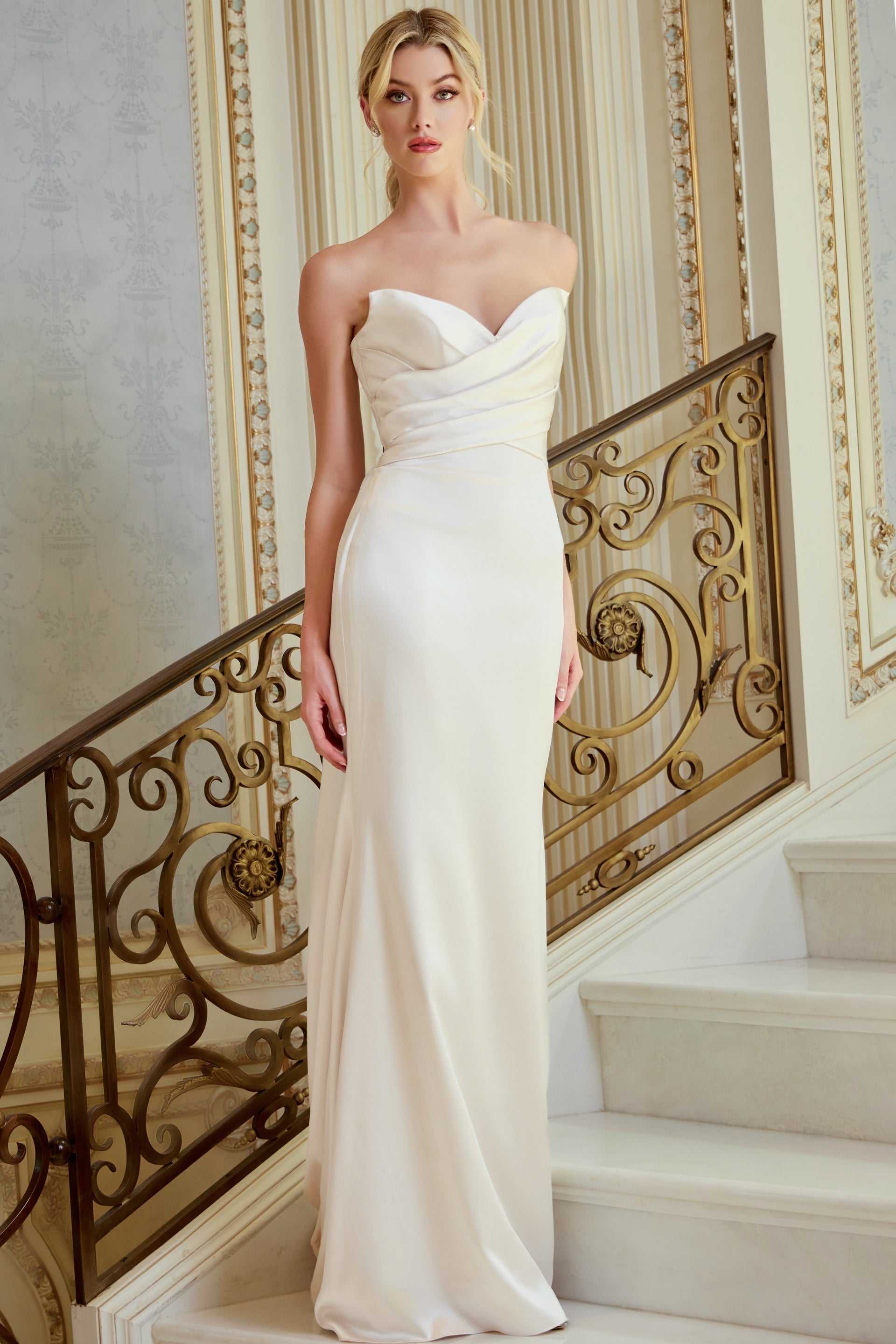 Strapless Curved Neck Floor-Length Satin Bridal Mermaid Gown Jovani JB45837