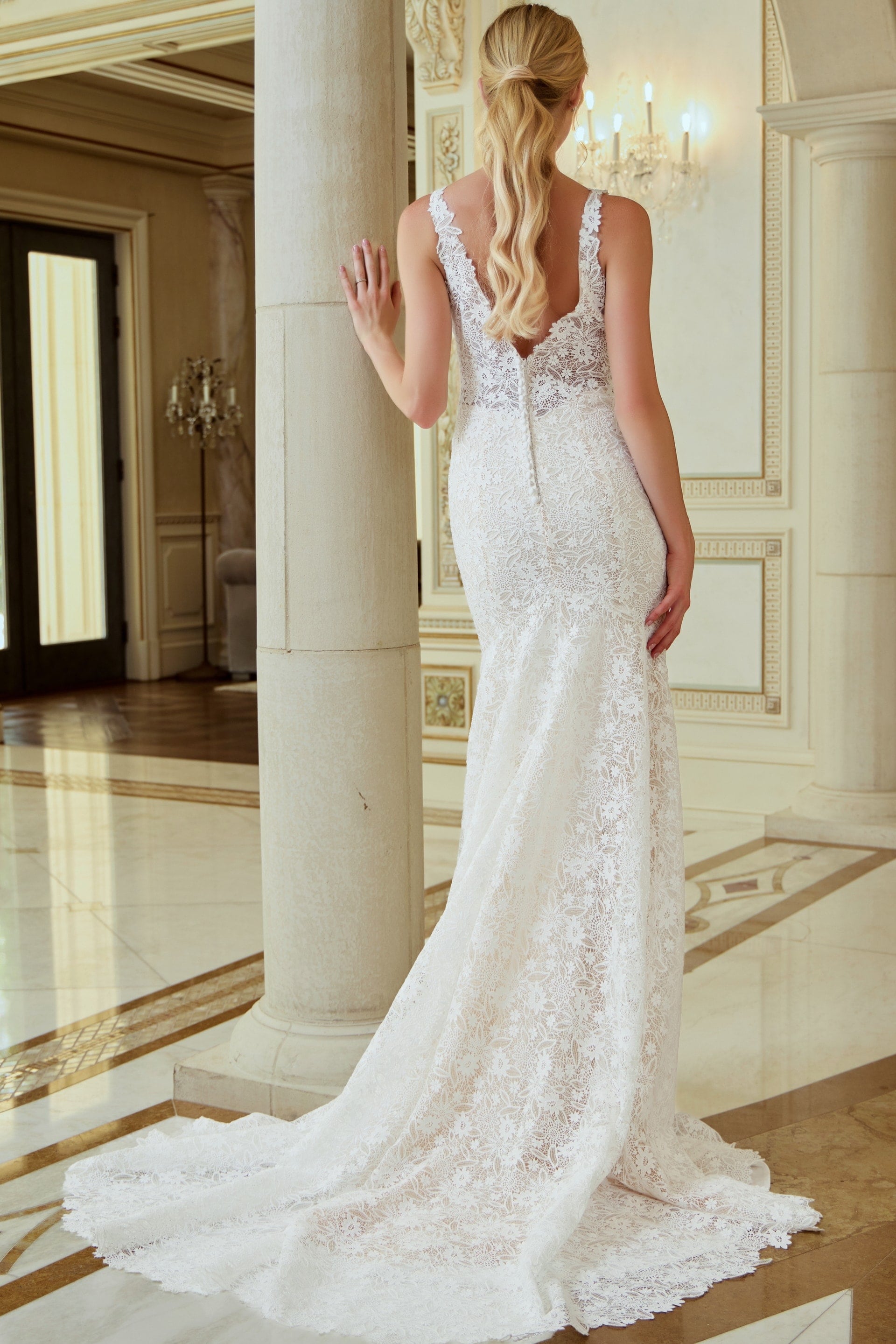 V-Neck Floor-Length Lace Wedding Mermaid/Trumpet Jovani JB47331