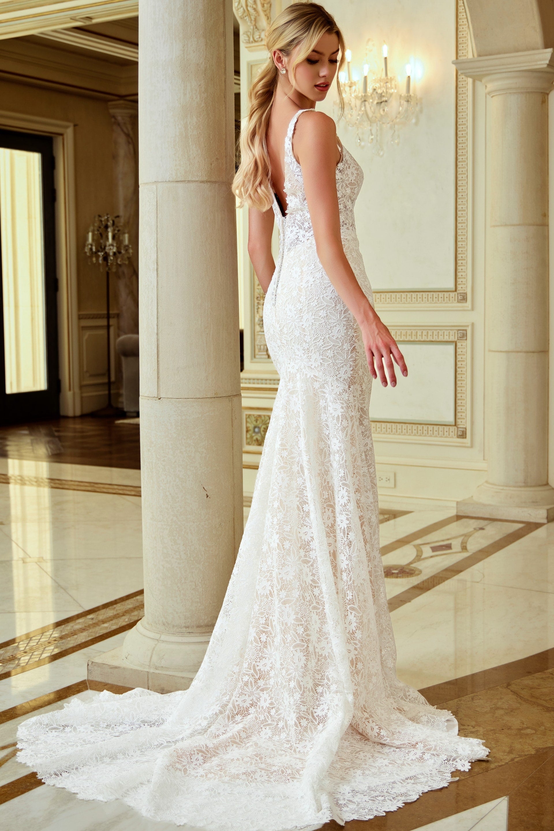 V-Neck Floor-Length Lace Wedding Mermaid/Trumpet Jovani JB47331