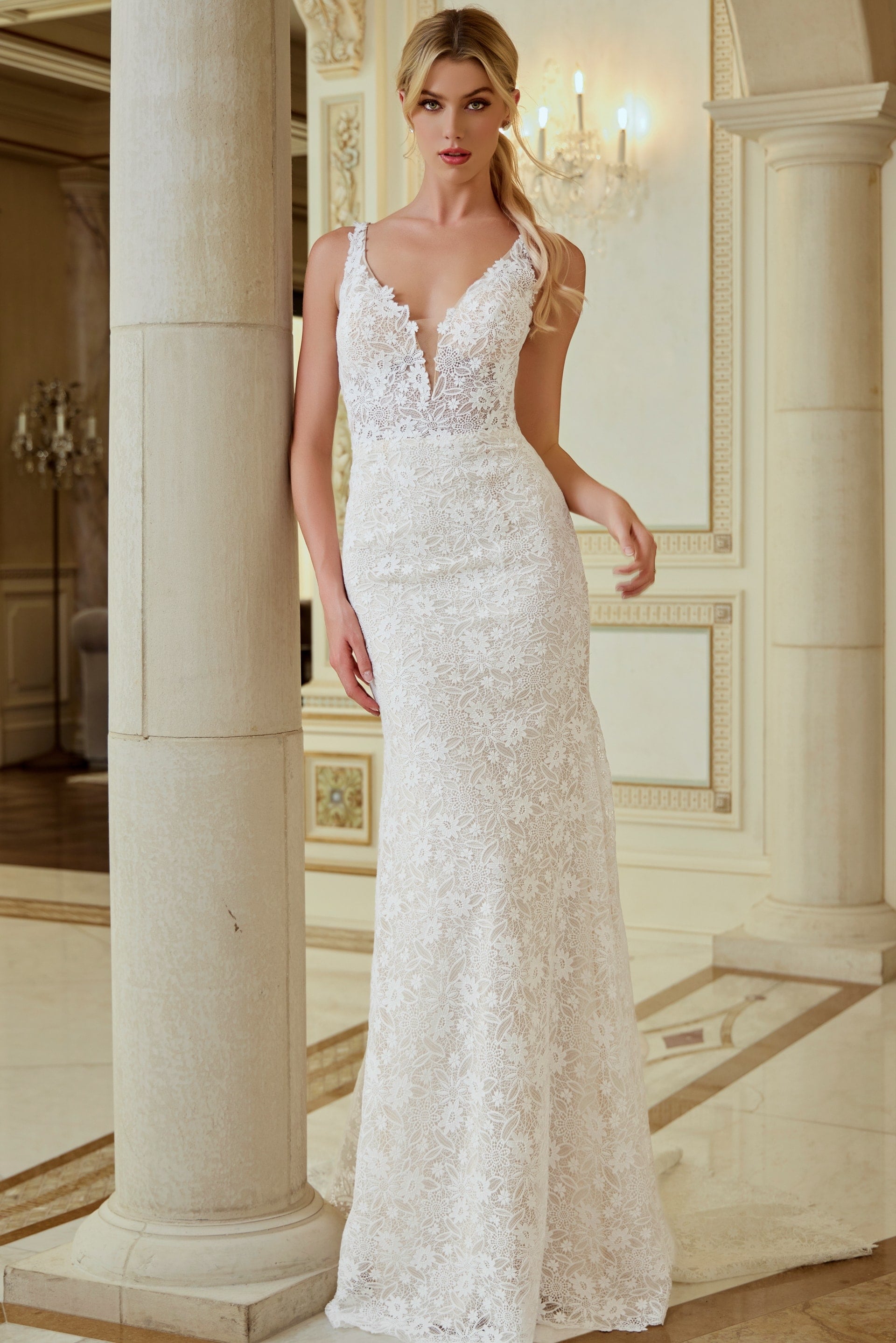 V-Neck Floor-Length Lace Wedding Mermaid/Trumpet Jovani JB47331