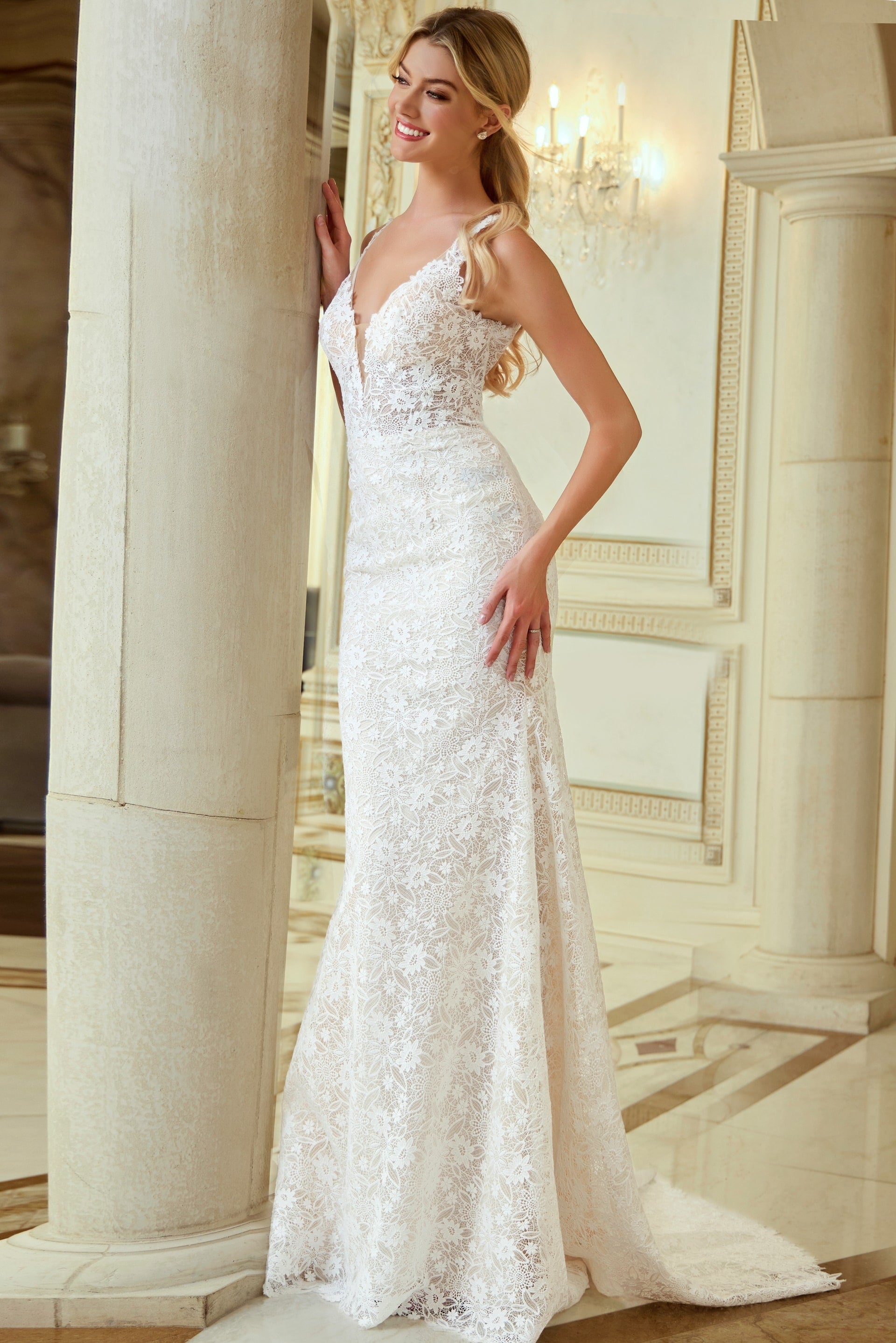 V-Neck Floor-Length Lace Wedding Mermaid/Trumpet Jovani JB47331