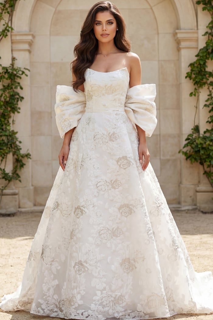 Strapless Floor-Length Floral Organza Wedding Ball Gown Jovani JB47701
