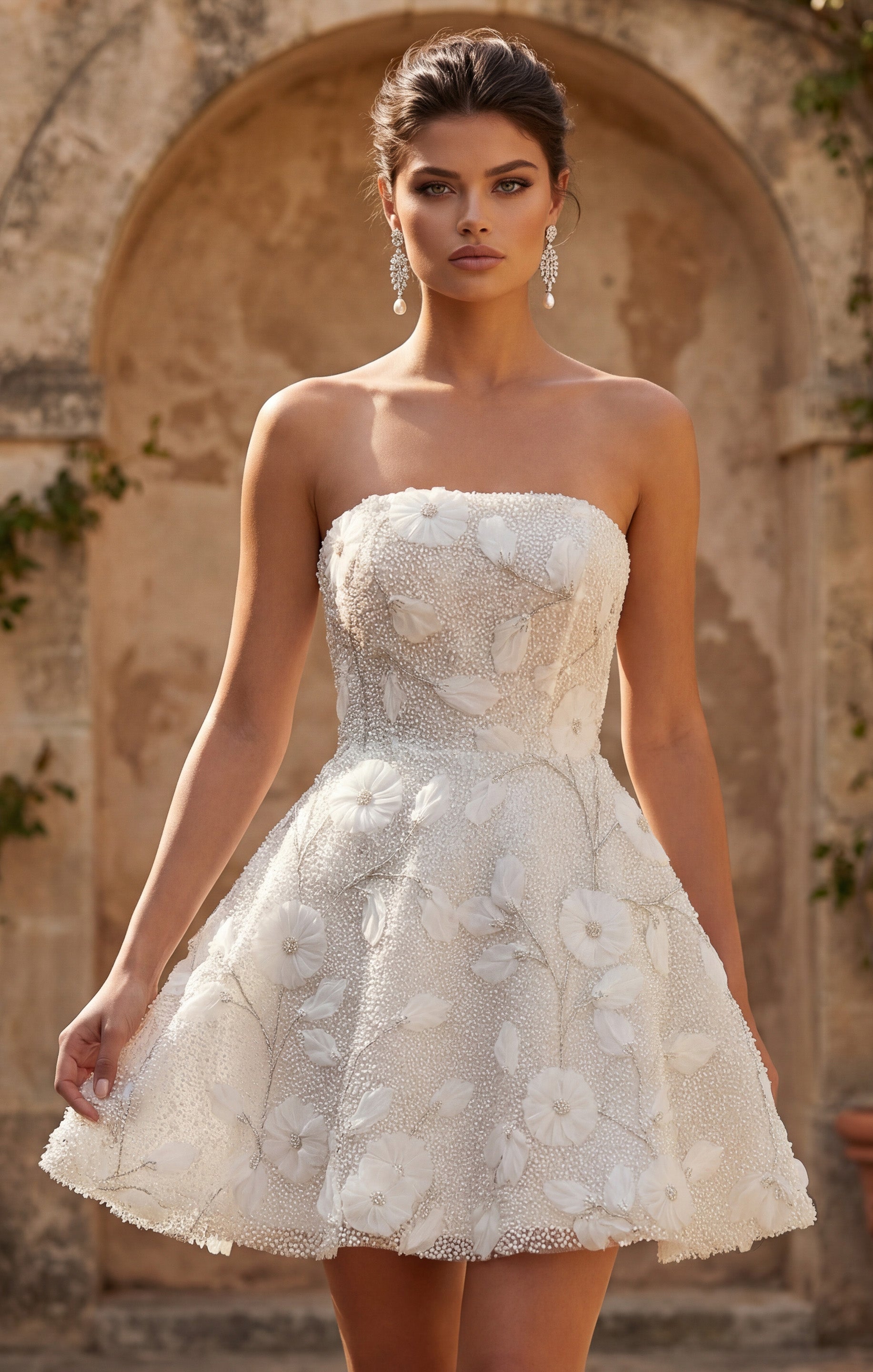 Off White Sweetheart Above-Knee Floral Lace Bridal A-Line Dress with 3D Appliqués Jovani JB49687
