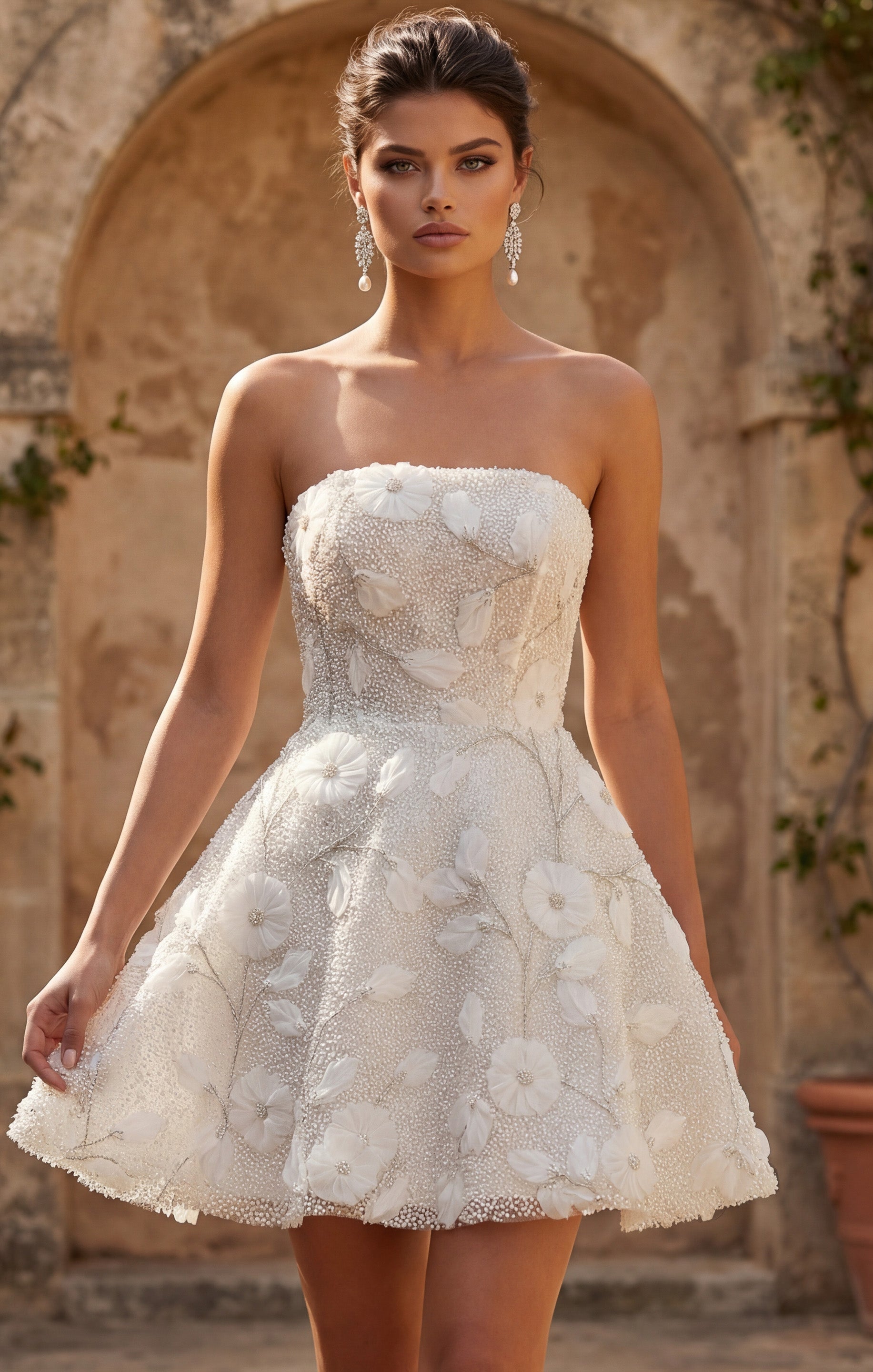 Off White Sweetheart Above-Knee Floral Lace Bridal A-Line Dress with 3D Appliqués Jovani JB49687
