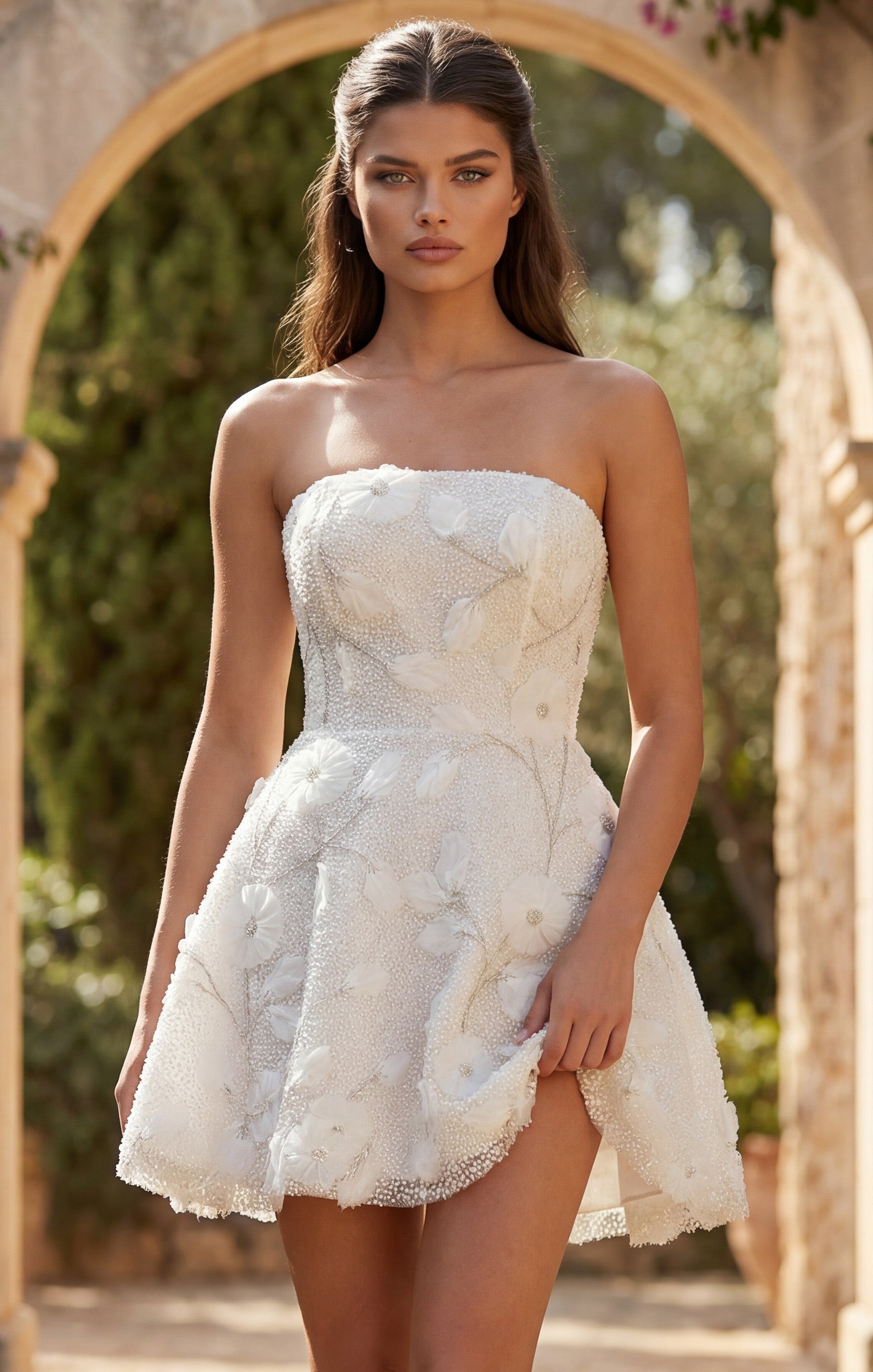 Off White Sweetheart Above-Knee Floral Lace Bridal A-Line Dress with 3D Appliqués Jovani JB49687