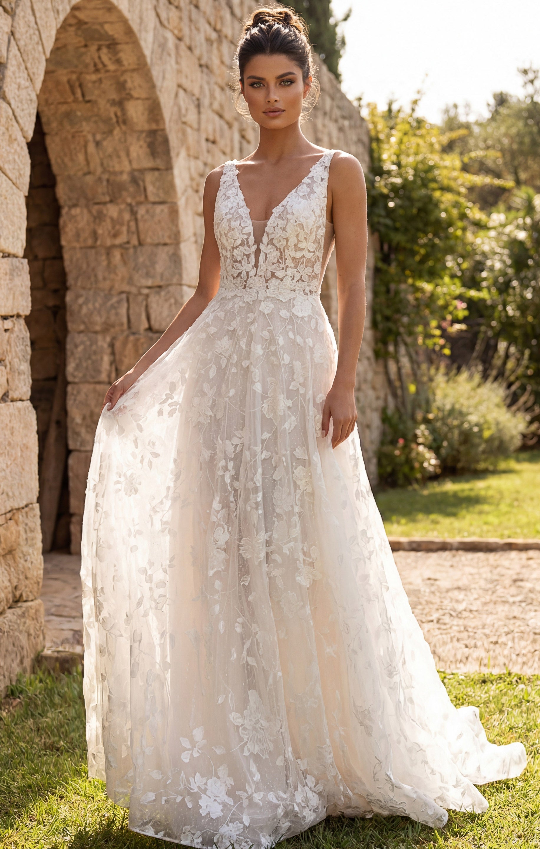 Ivory/Nude High Neck Floor-Length Lace Wedding Gown with Sheer Illusion Bodice Jovani JB49748