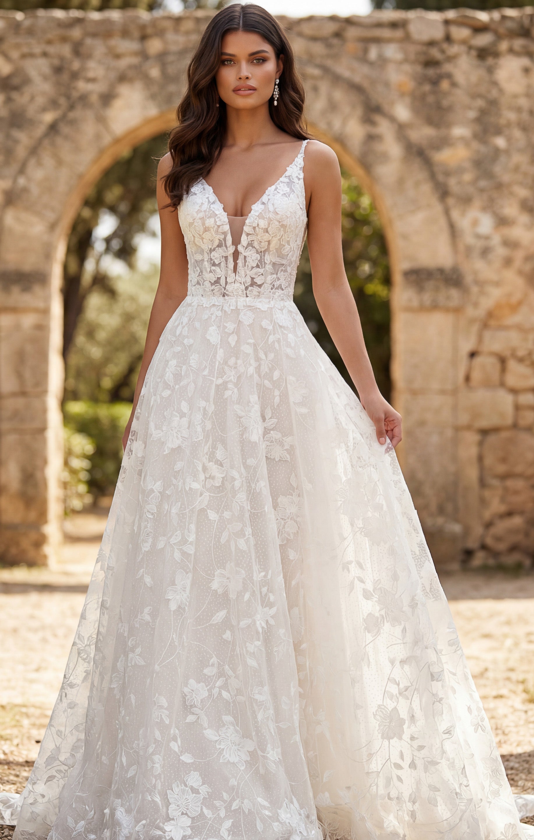 Ivory/Nude High Neck Floor-Length Lace Wedding Gown with Sheer Illusion Bodice Jovani JB49748