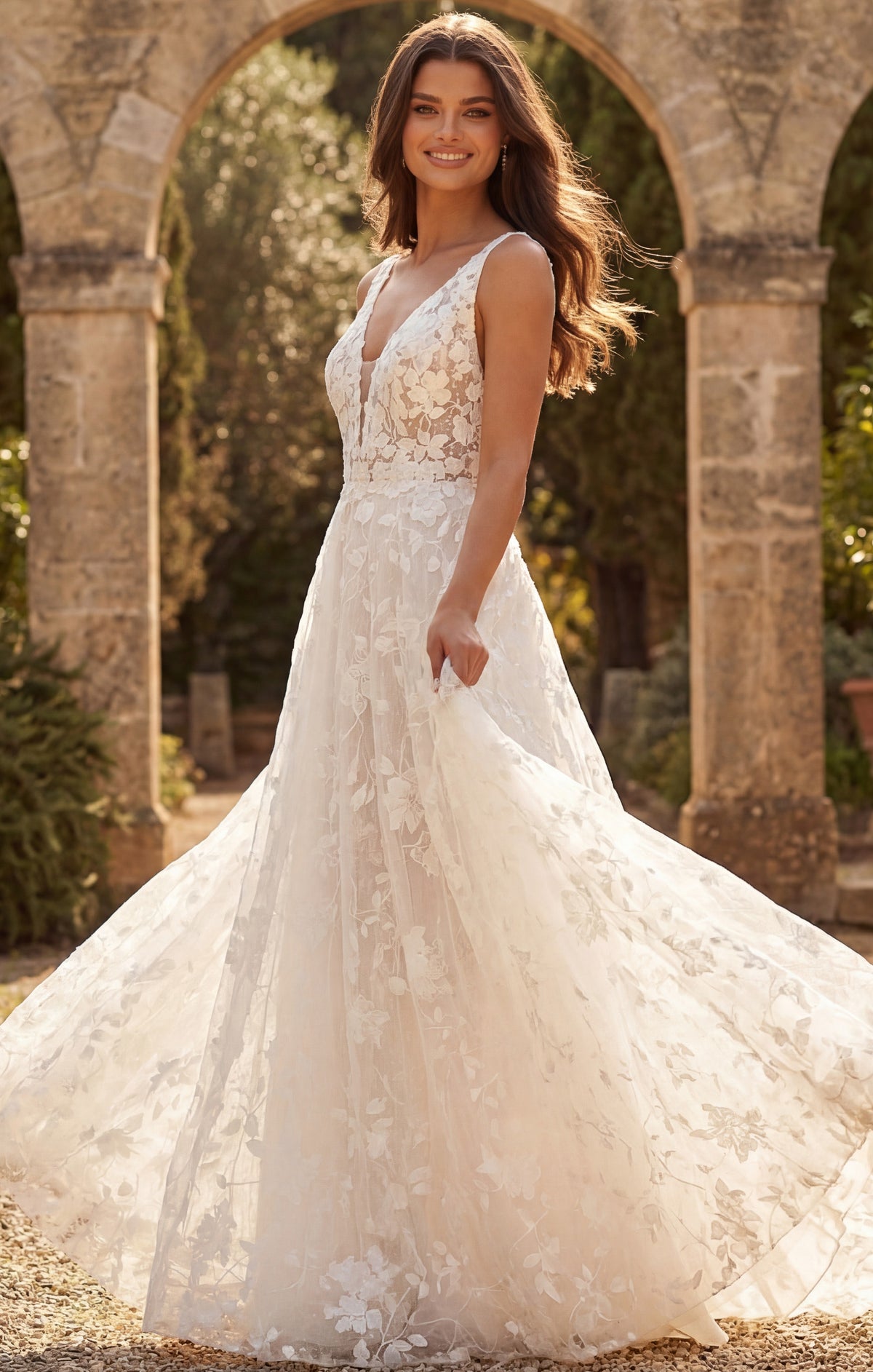 Ivory/Nude High Neck Floor-Length Lace Wedding Gown with Sheer Illusion Bodice Jovani JB49748