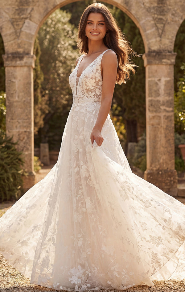 High Neck Floor-Length Lace Wedding Gown with Sheer Illusion Bodice Jovani JB49748