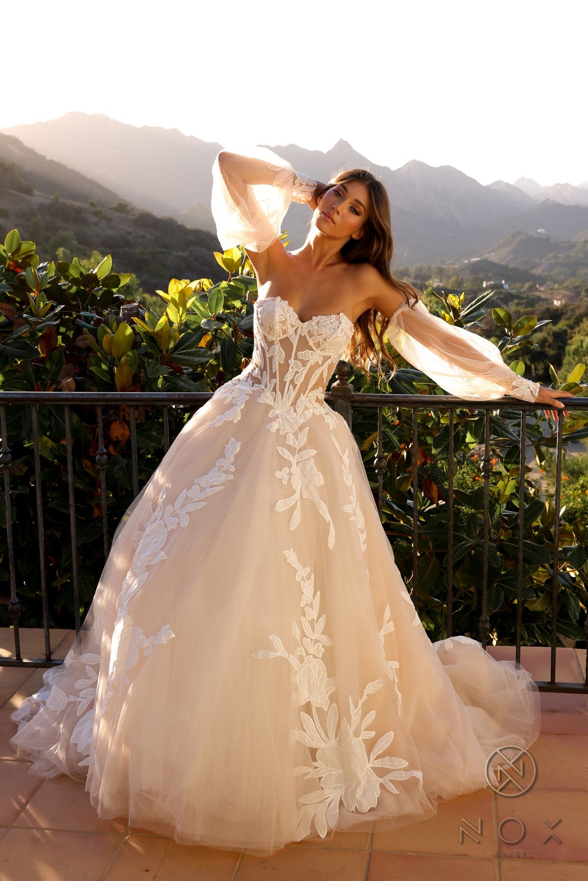 Nox Anabel JE990L Long Floral Applique Corset Wedding Dress
