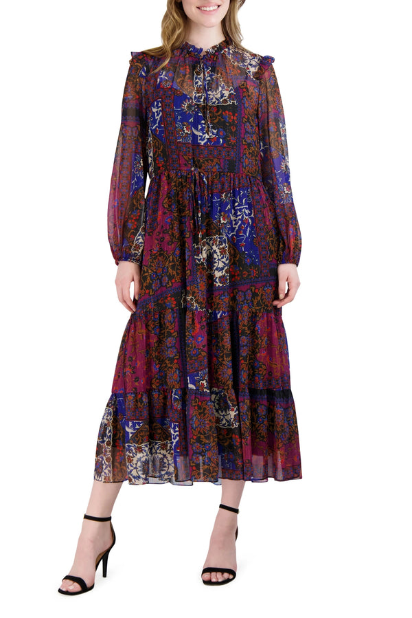 High Neck Midi-Length Chiffon Floral Tiered Dress Long Sleeves Julia Jordan JJ39154