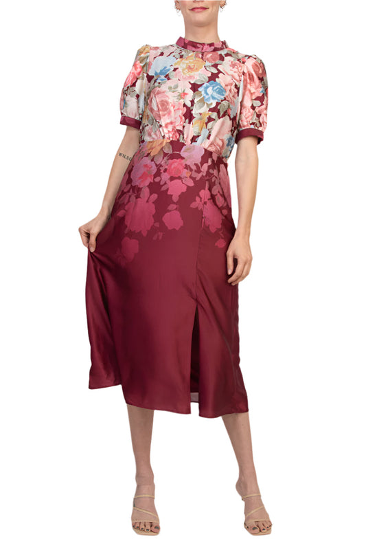 Cocktail Dresses Floral Print Slit Midi Cocktail Dress Burgundy Multi