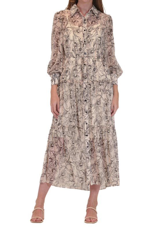 Cocktail Dresses Short Collared Tiered Printed Midi Cocktail Dress Ivory Multi
