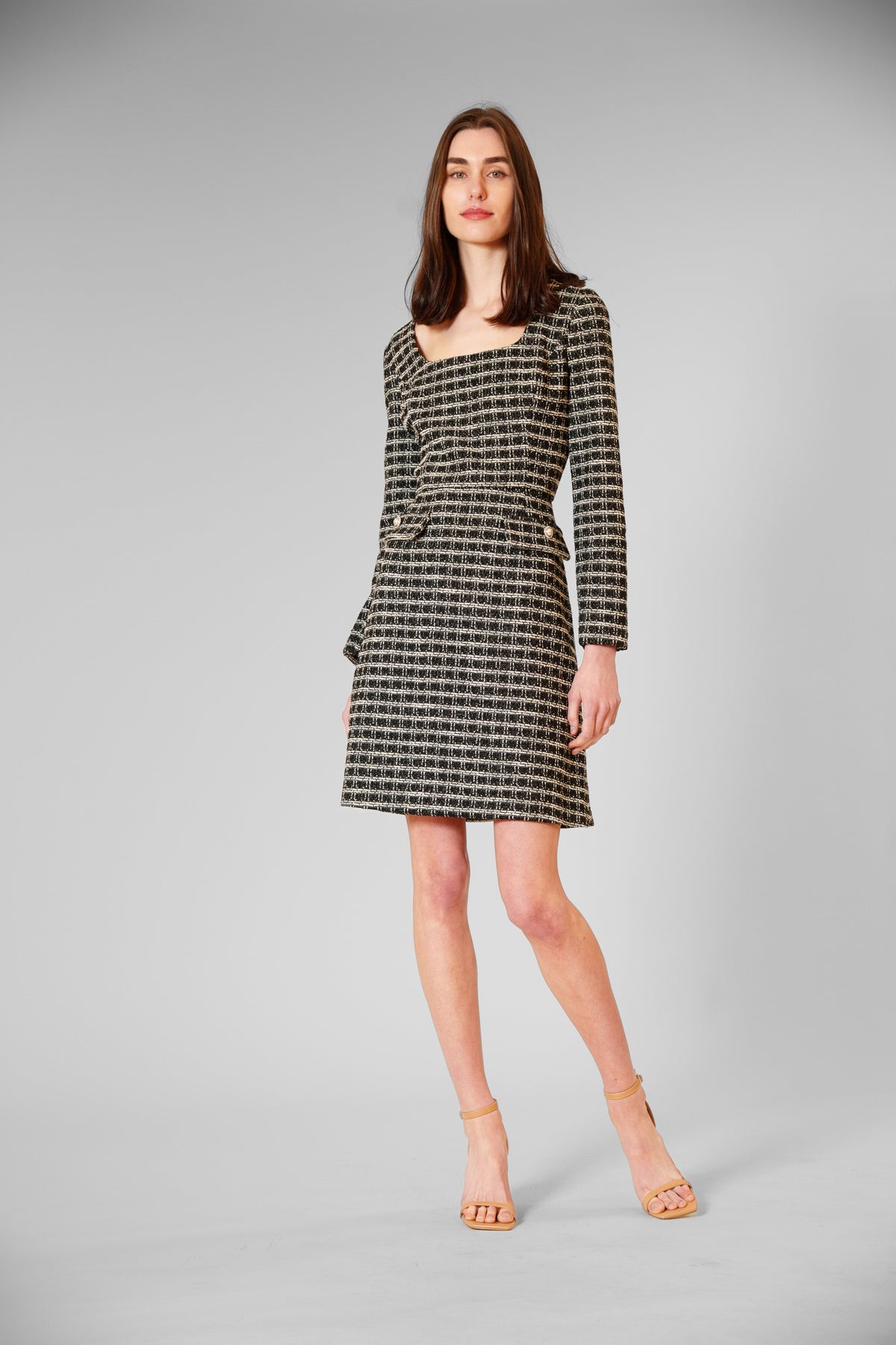 Julia Jordan Long Sleeve Square Neck Belted Boucle Short Dress JJ41312