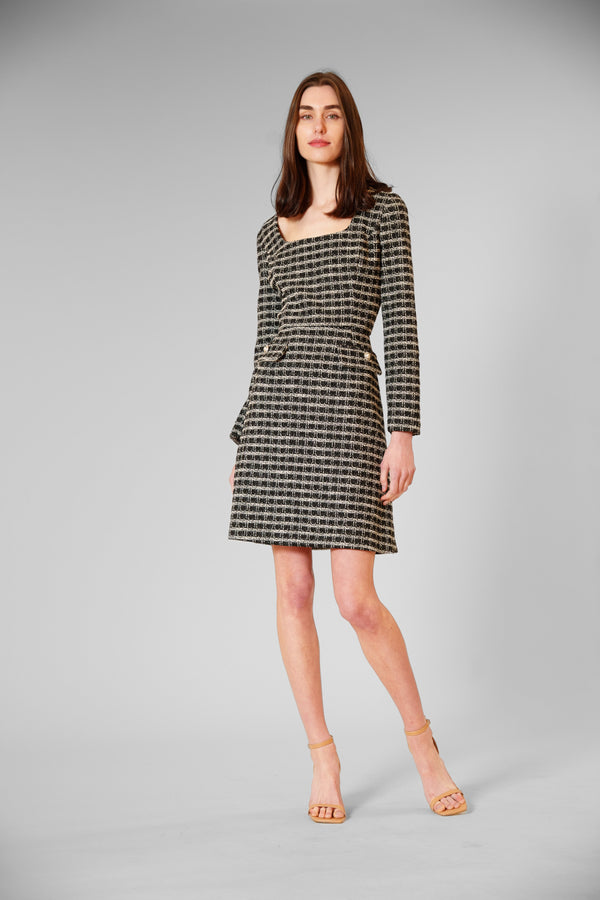 Julia Jordan Long Sleeve Square Neck Belted Boucle Short Dress JJ41312