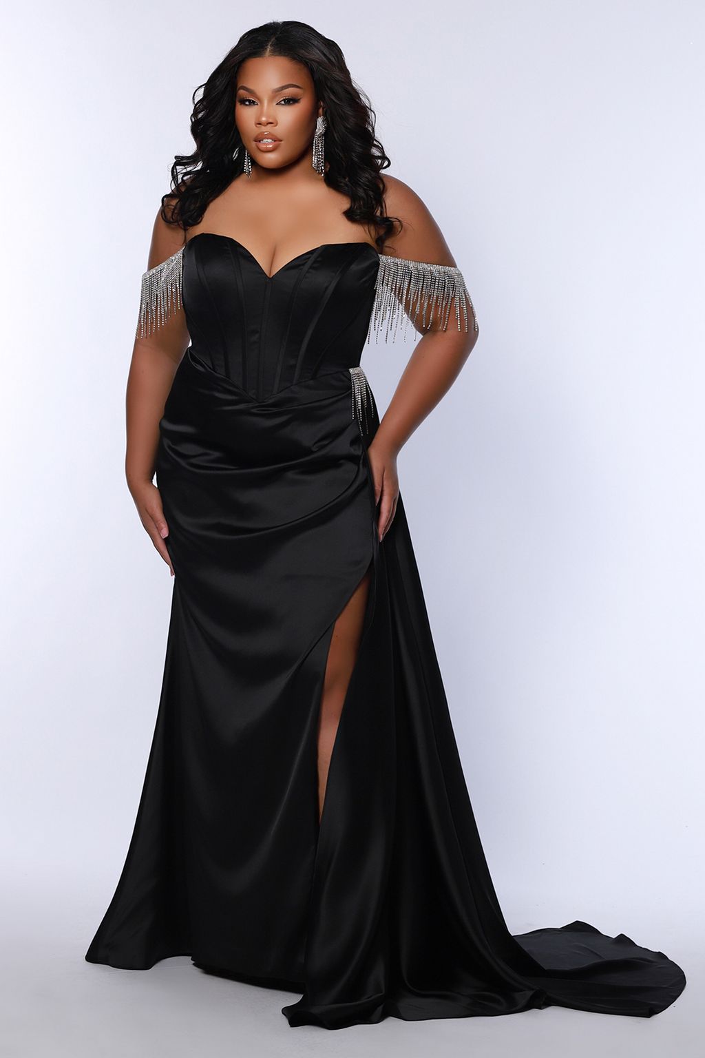 Sydneys Closet JK2408 Long Fitted High Slit Formal Plus Size Prom Dress