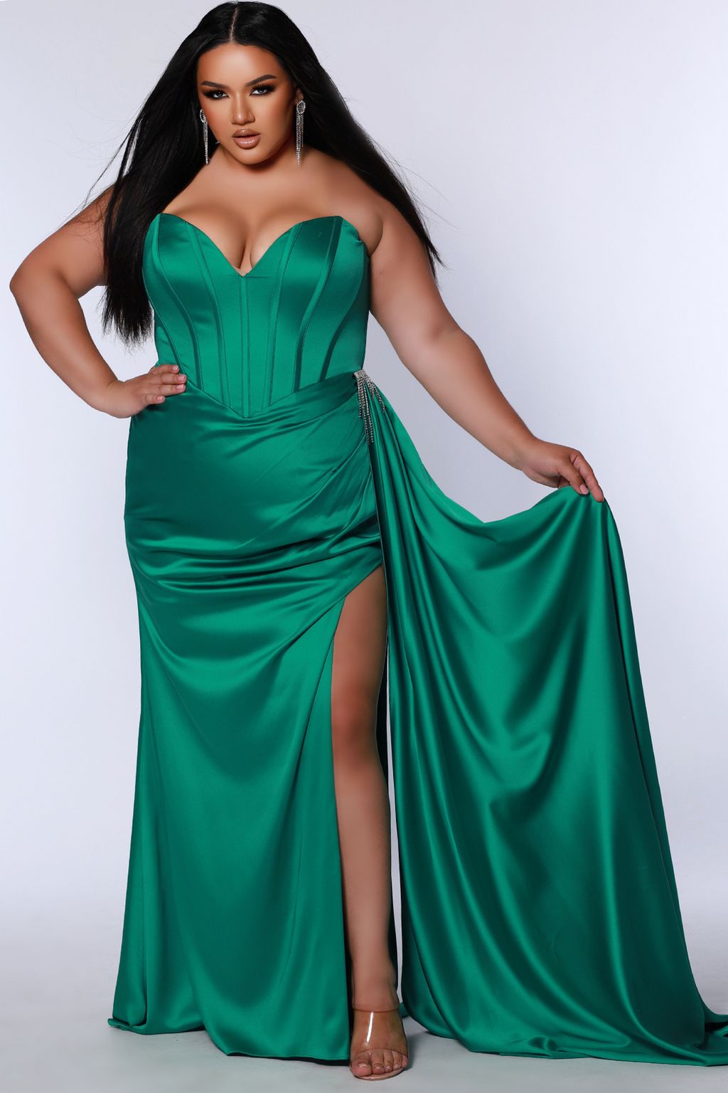 Sydneys Closet JK2408 Long Fitted High Slit Formal Plus Size Prom Dress