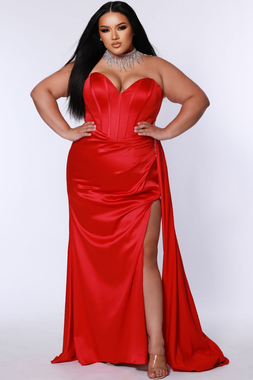 Sydneys Closet JK2408 Long Fitted High Slit Formal Plus Size Prom Dress