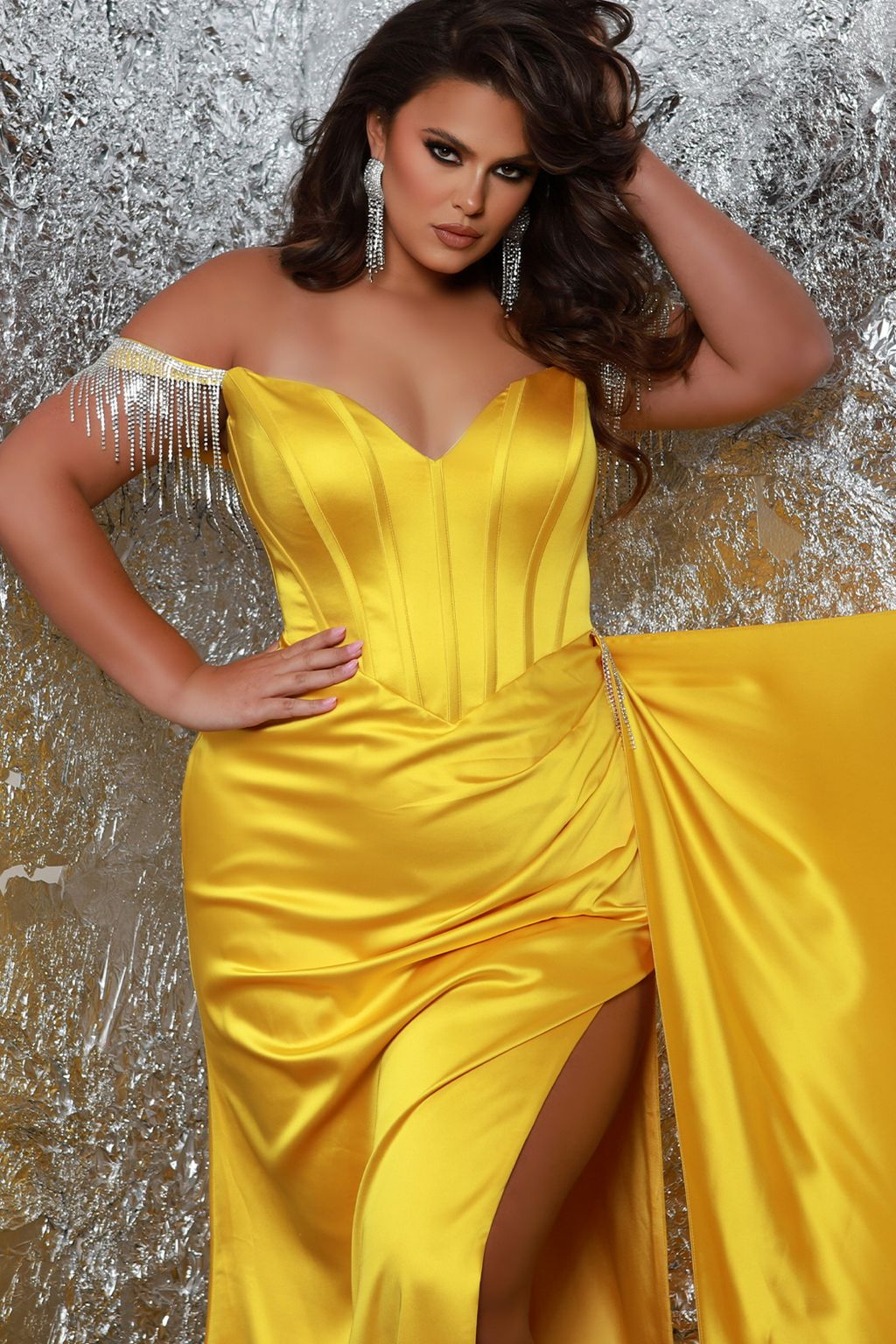 Sydneys Closet JK2408 Long Fitted High Slit Formal Plus Size Prom Dress