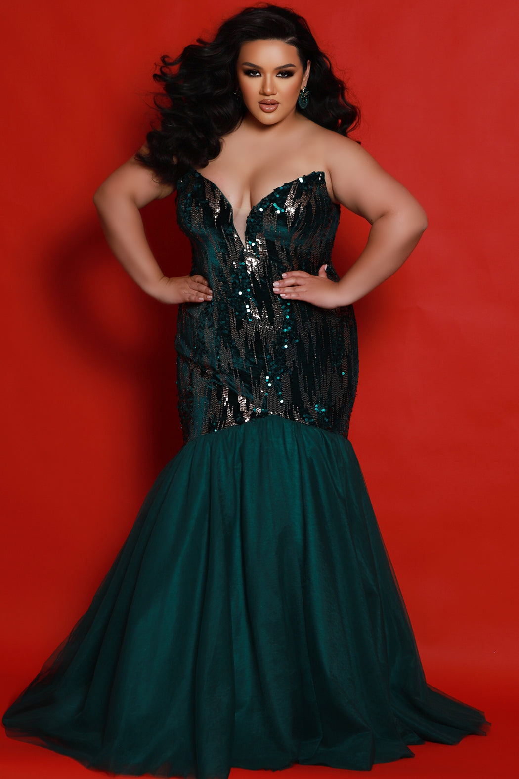 Sydneys Closet JK2411 Sequin Long Formal Mermaid Velvet Evening Plus Size Dress