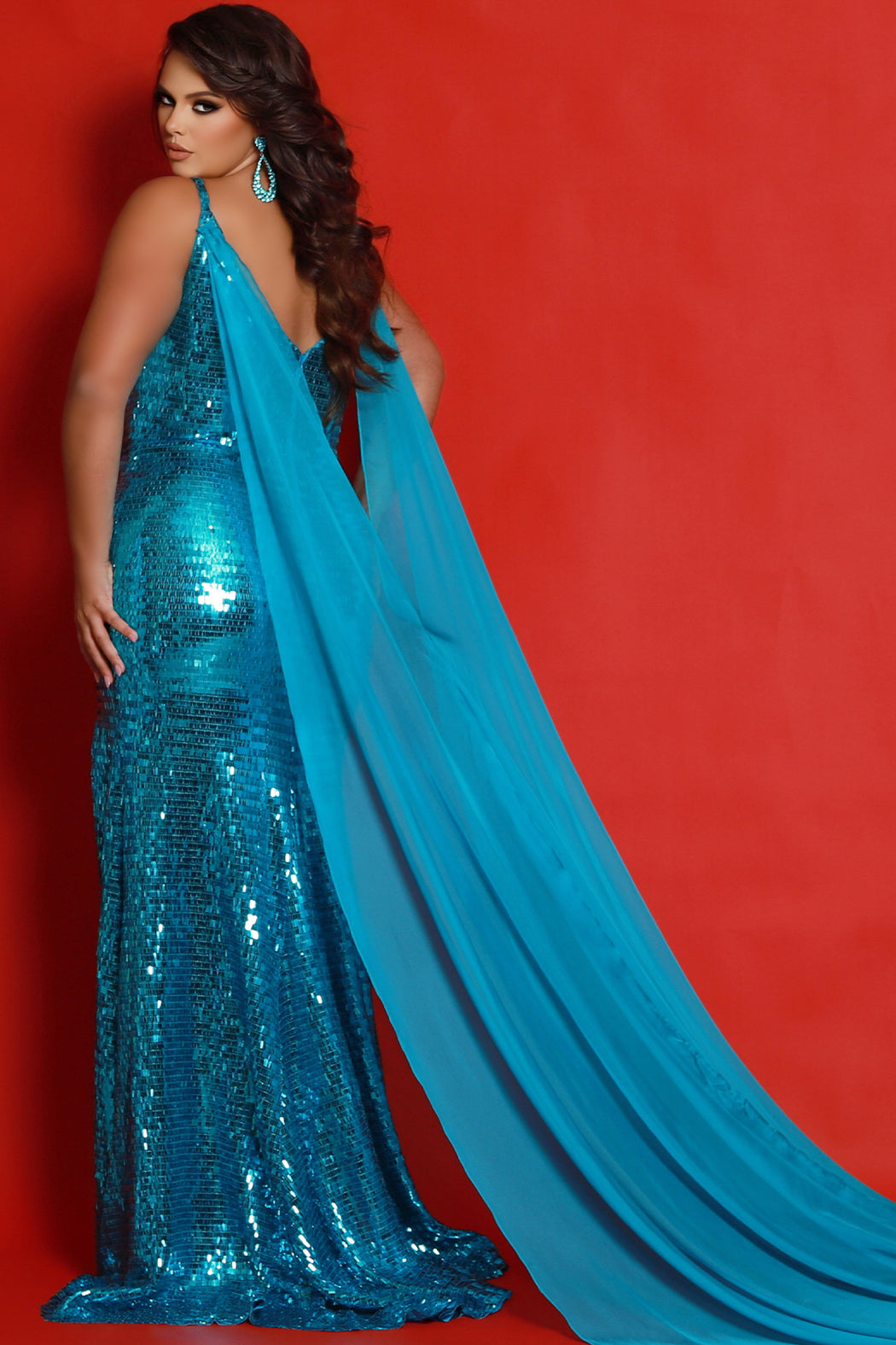 Sydneys Closet JK2413 Fitted Sequin Long Slit Formal Evening Plus Size Dress