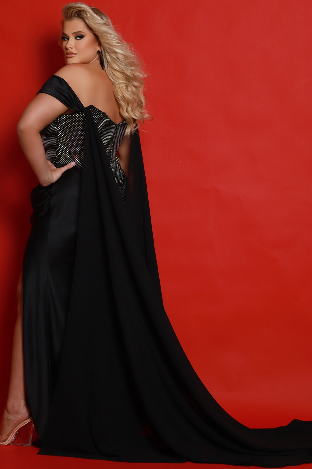 Sydneys Closet JK2417 Fitted Long Ruched Formal Pleated Slit Prom Plus Size Dress