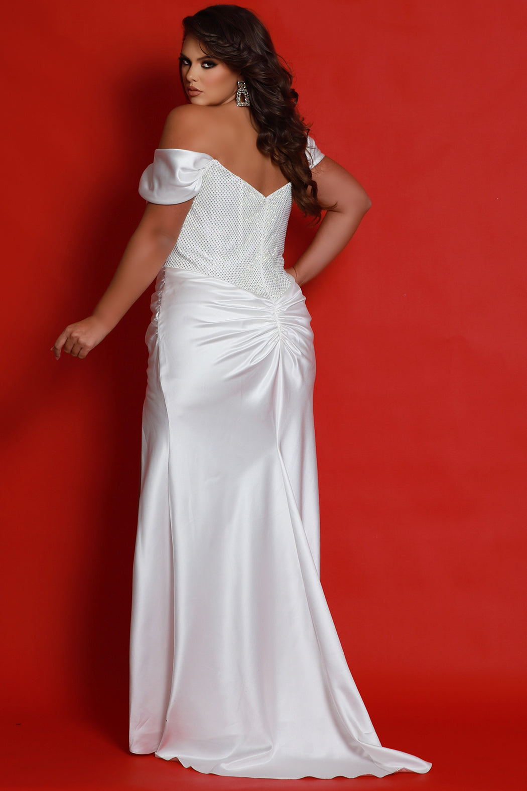Sydneys Closet JK2417 Fitted Long Ruched Formal Pleated Slit Prom Plus Size Dress