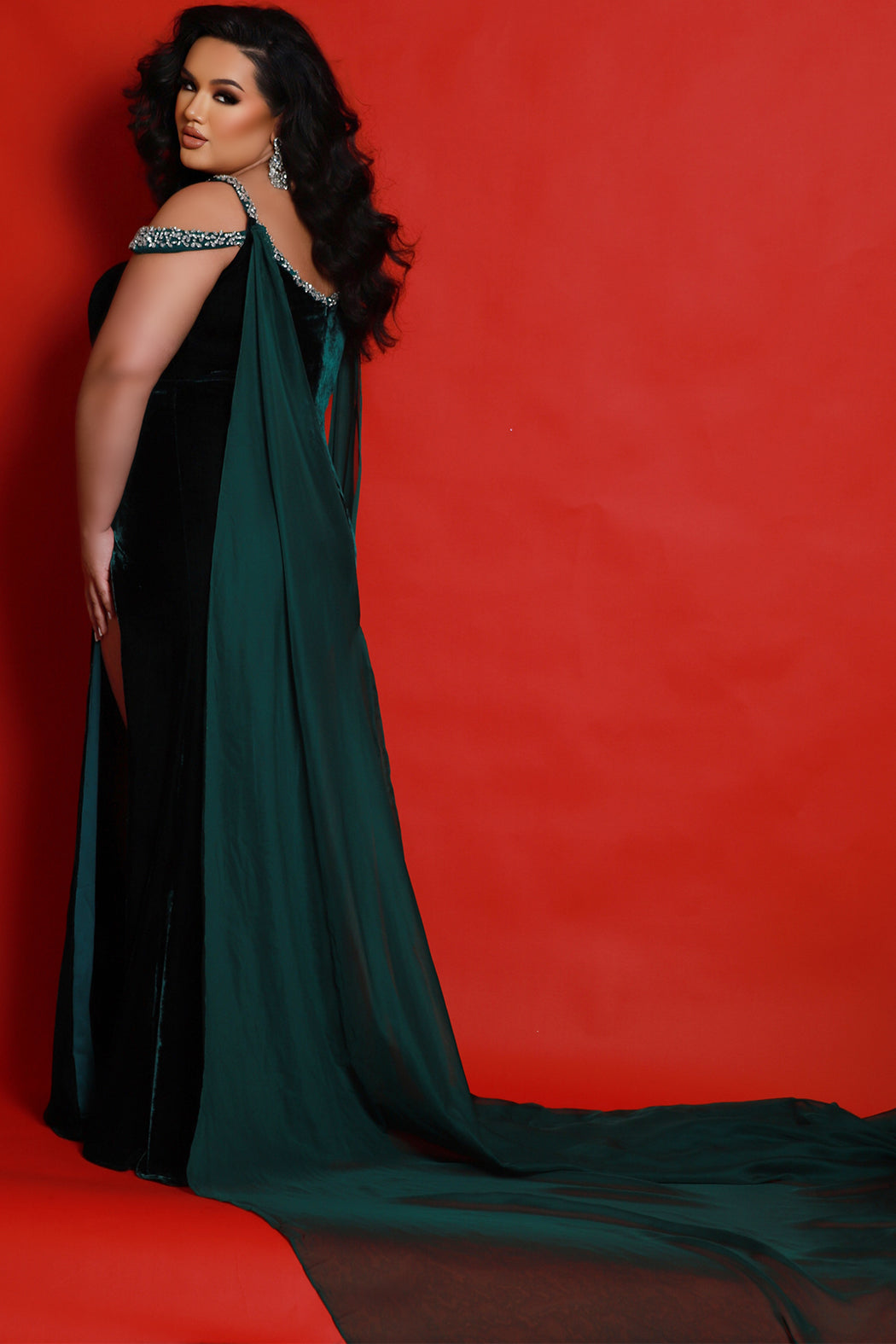 Sydneys Closet JK2420 Long Formal Velvet Slit Plus Size Beaded Evening Prom Dress