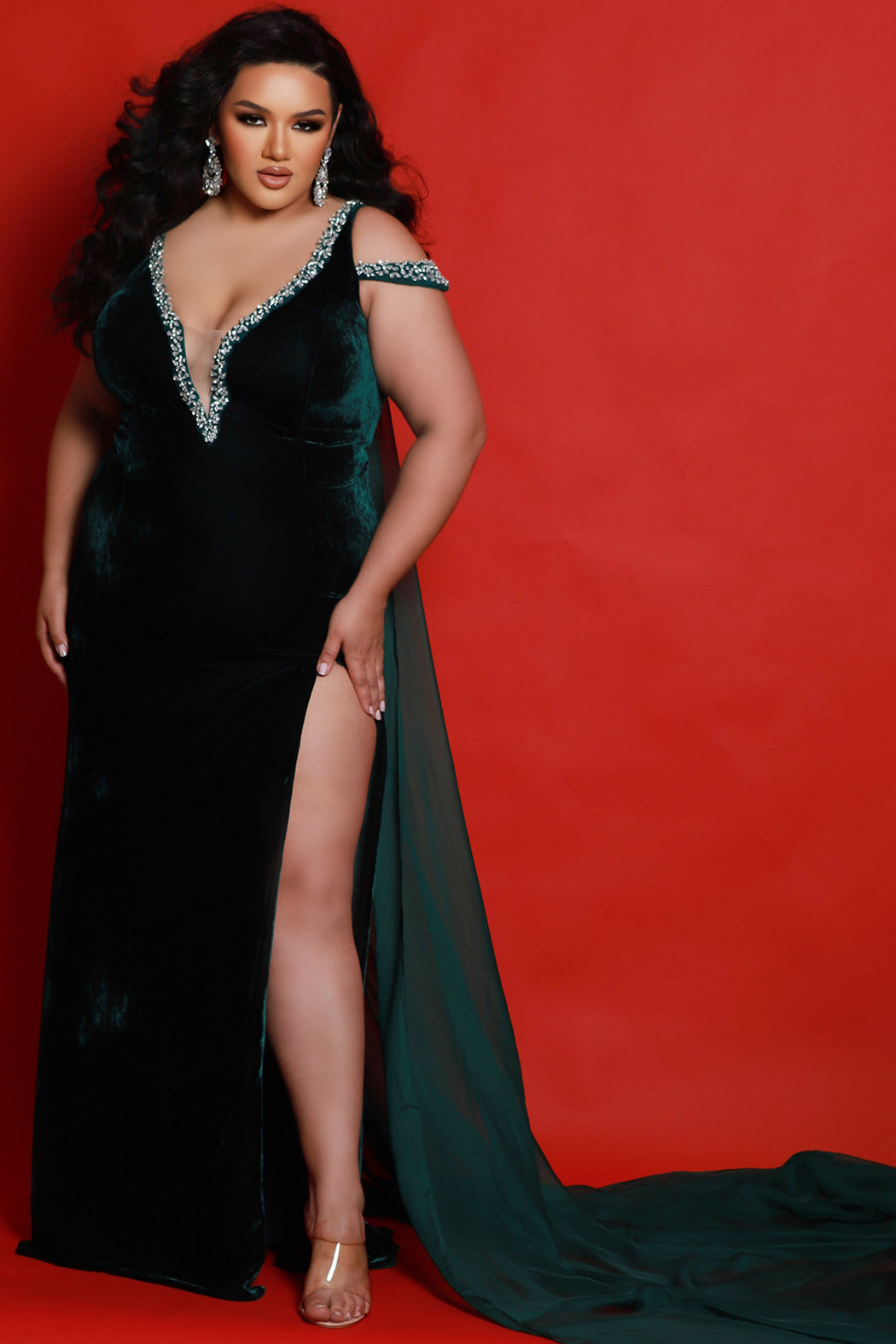 Sydneys Closet JK2420 Long Formal Velvet Slit Plus Size Beaded Evening Prom Dress