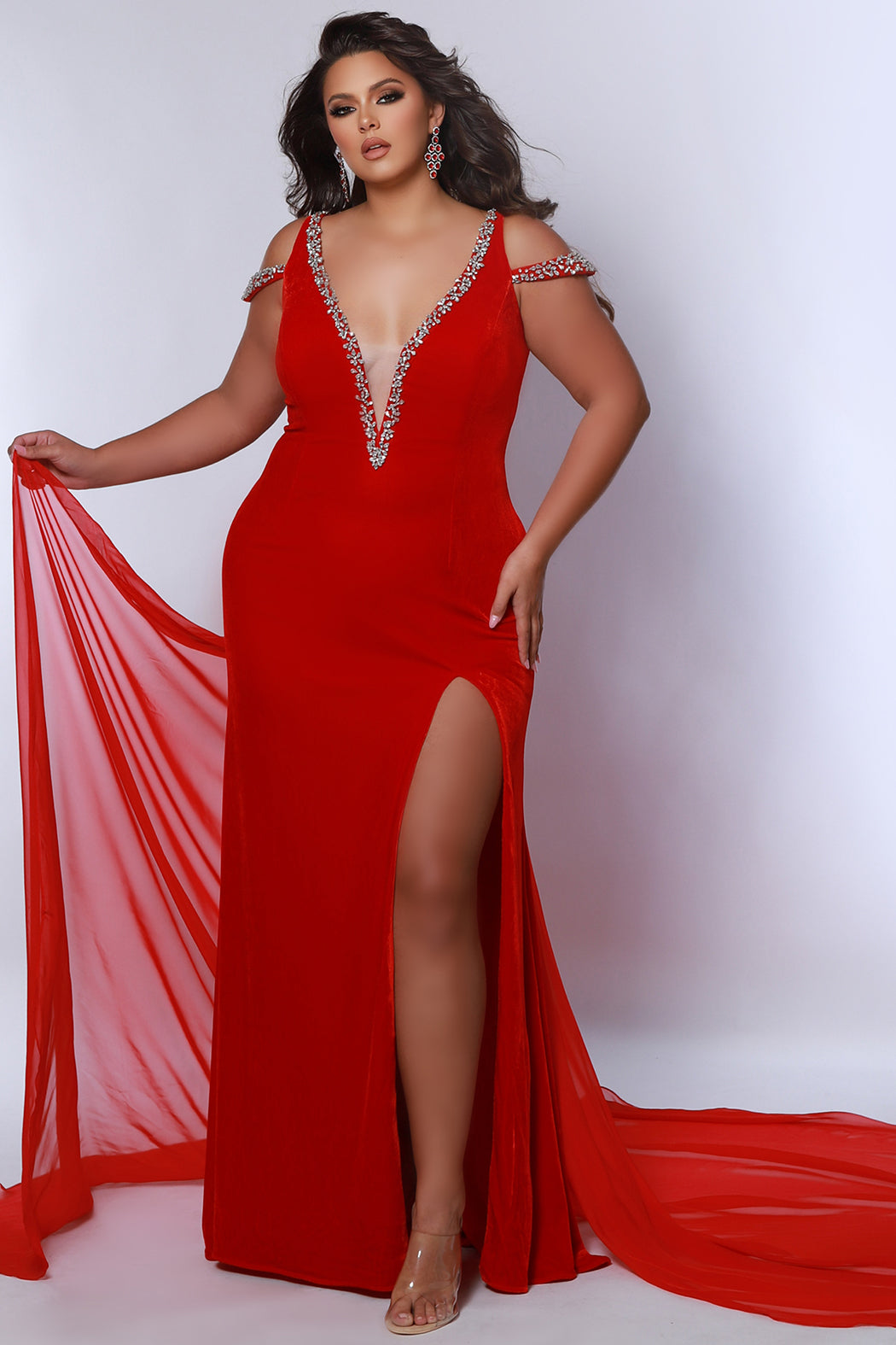 Sydneys Closet JK2420 Long Formal Velvet Slit Plus Size Beaded Evening Prom Dress