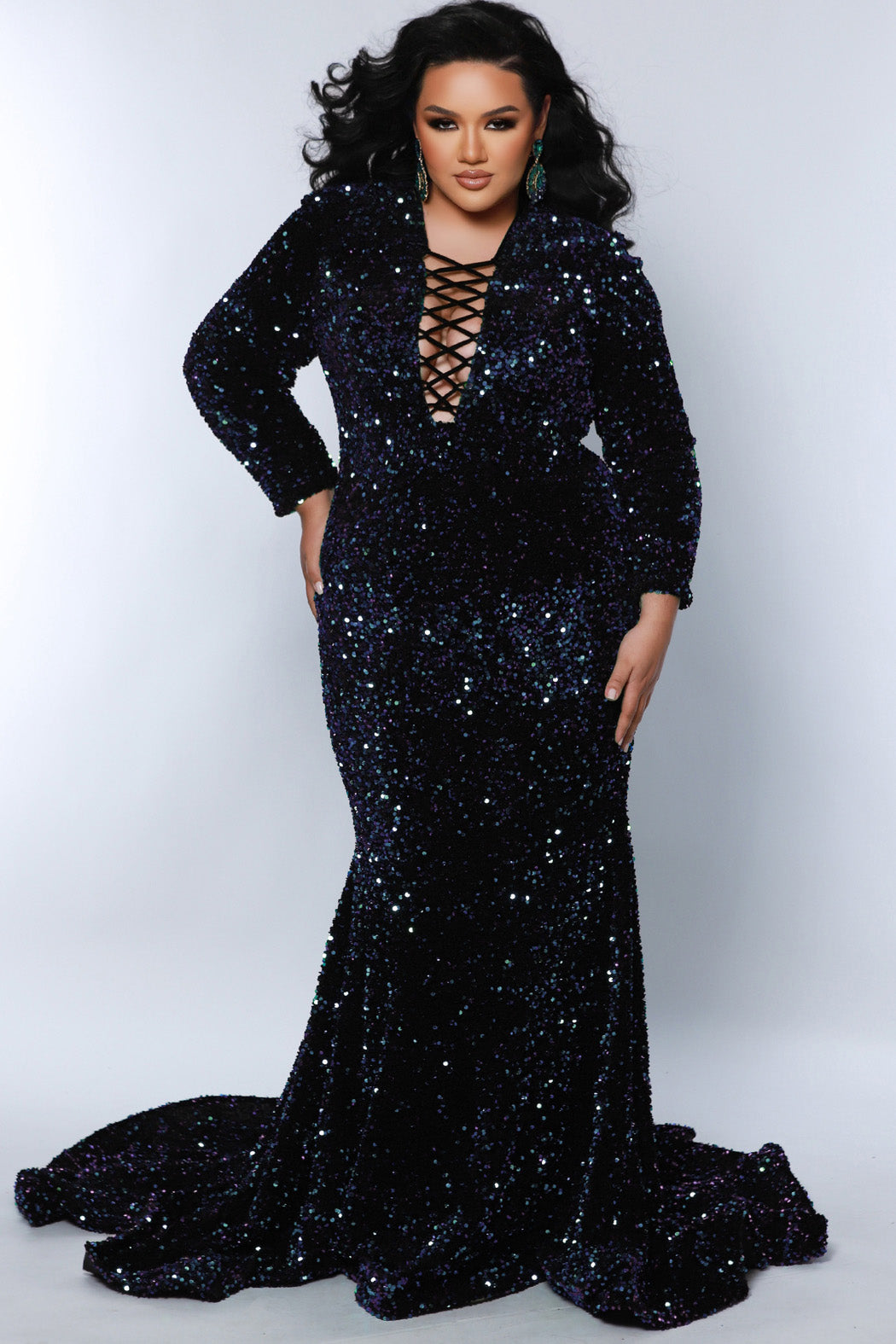 Sydneys Closet JK2421 Mermaid Long Formal Velvet Sequin Evening Plus Size Dress