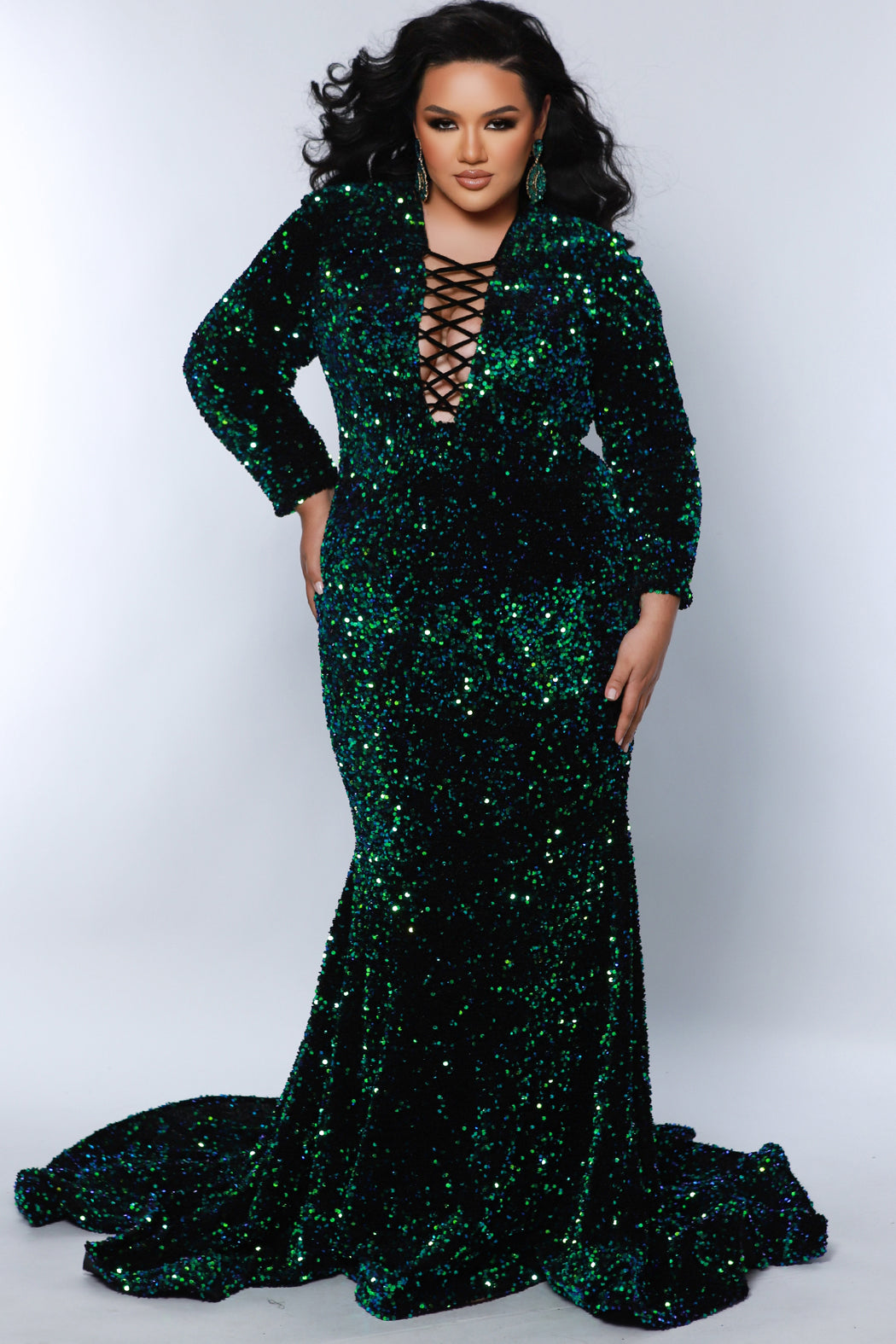 Sydneys Closet JK2421 Mermaid Long Formal Velvet Sequin Evening Plus Size Dress