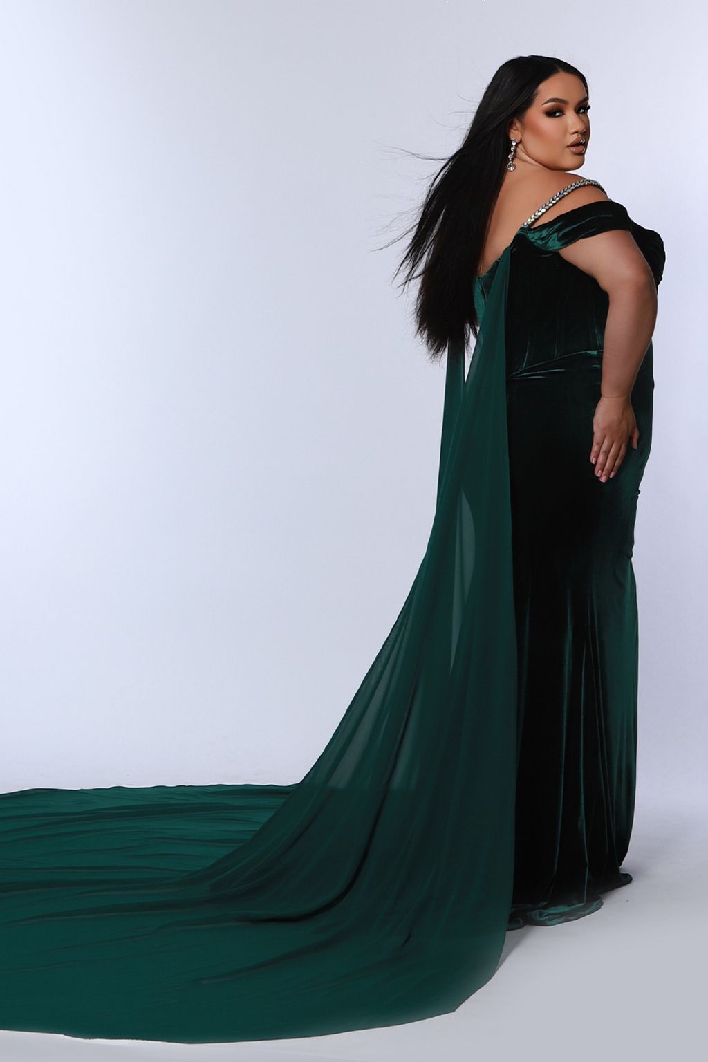 Sydneys Closet JK2514 Long Velvet Beaded Pleated Plus Size Formal Prom Dress