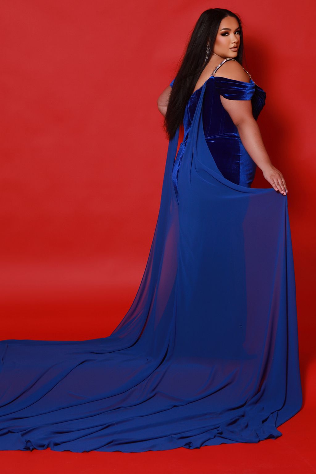 Sydneys Closet JK2514 Long Velvet Beaded Pleated Plus Size Formal Prom Dress