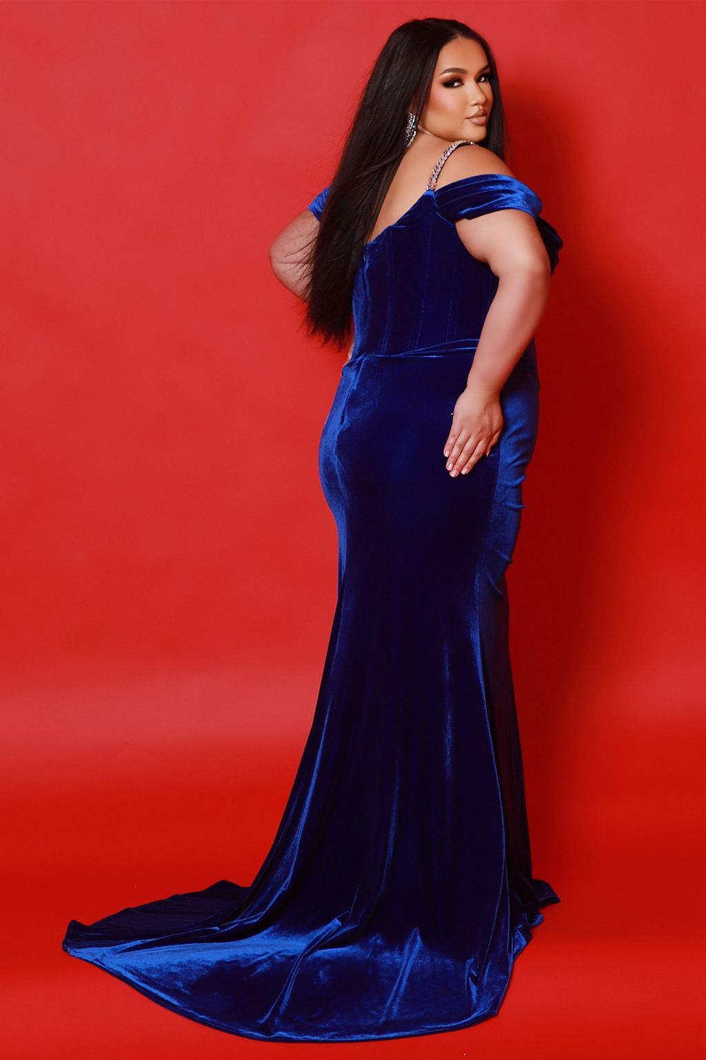 Sydneys Closet JK2514 Long Velvet Beaded Pleated Plus Size Formal Prom Dress