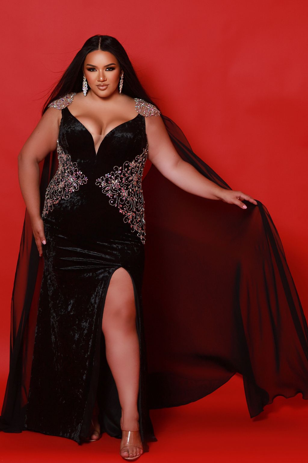 Sydneys Closet JK2515 Evening Gown Long Formal Beaded Slit Velvet Plus Size Prom Dress