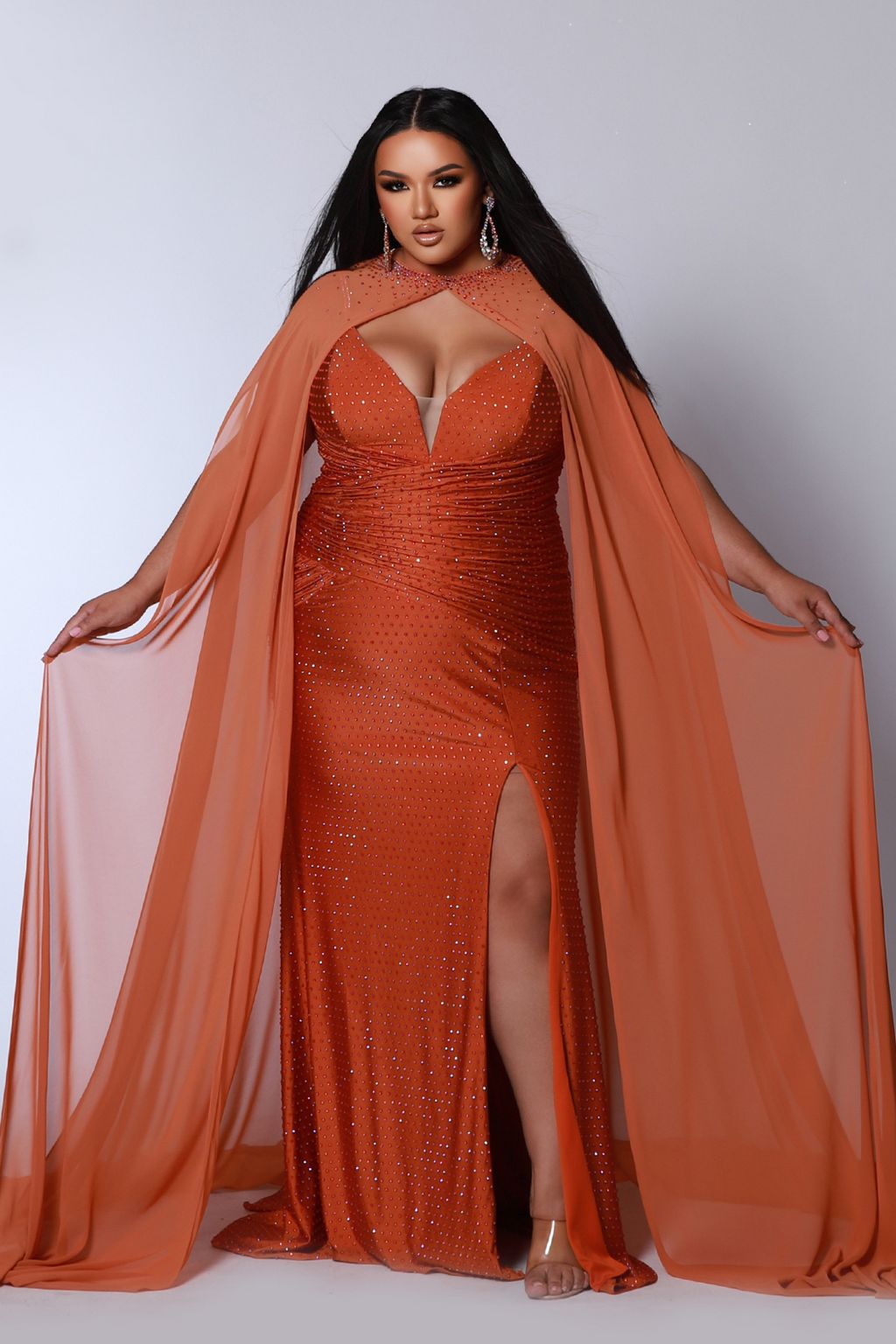 Sydneys Closet JK2518 Fitted Long Slit Formal Ruched Plus Size Prom Dress