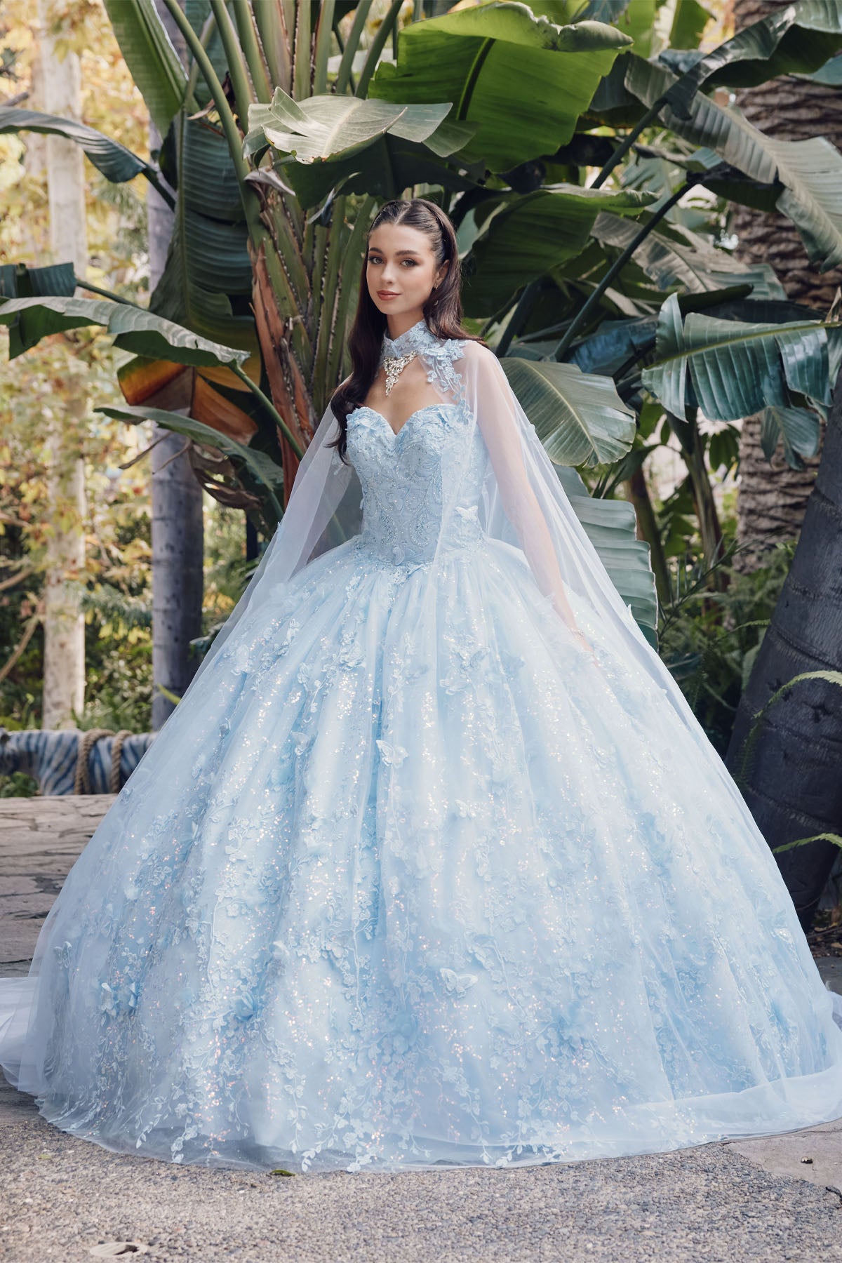 Juliet JT1449J 3D Butterfly Long Quinceanera Cape Ball Gown