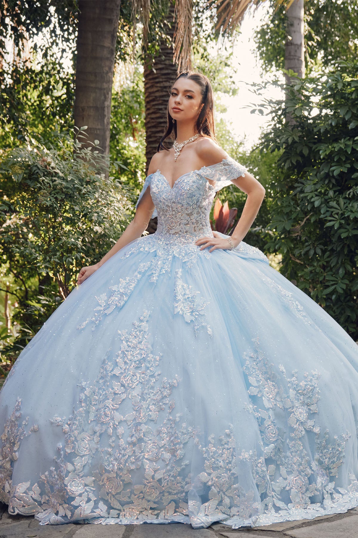 Juliet JT1458J Long Glitter Sweet 16 Quinceanera Ball Gown - Bahama Blue / L Juliet JT1458J Long Glitter Sweet 16 Quinceanera Ball Gown - Bahama Blue / L
