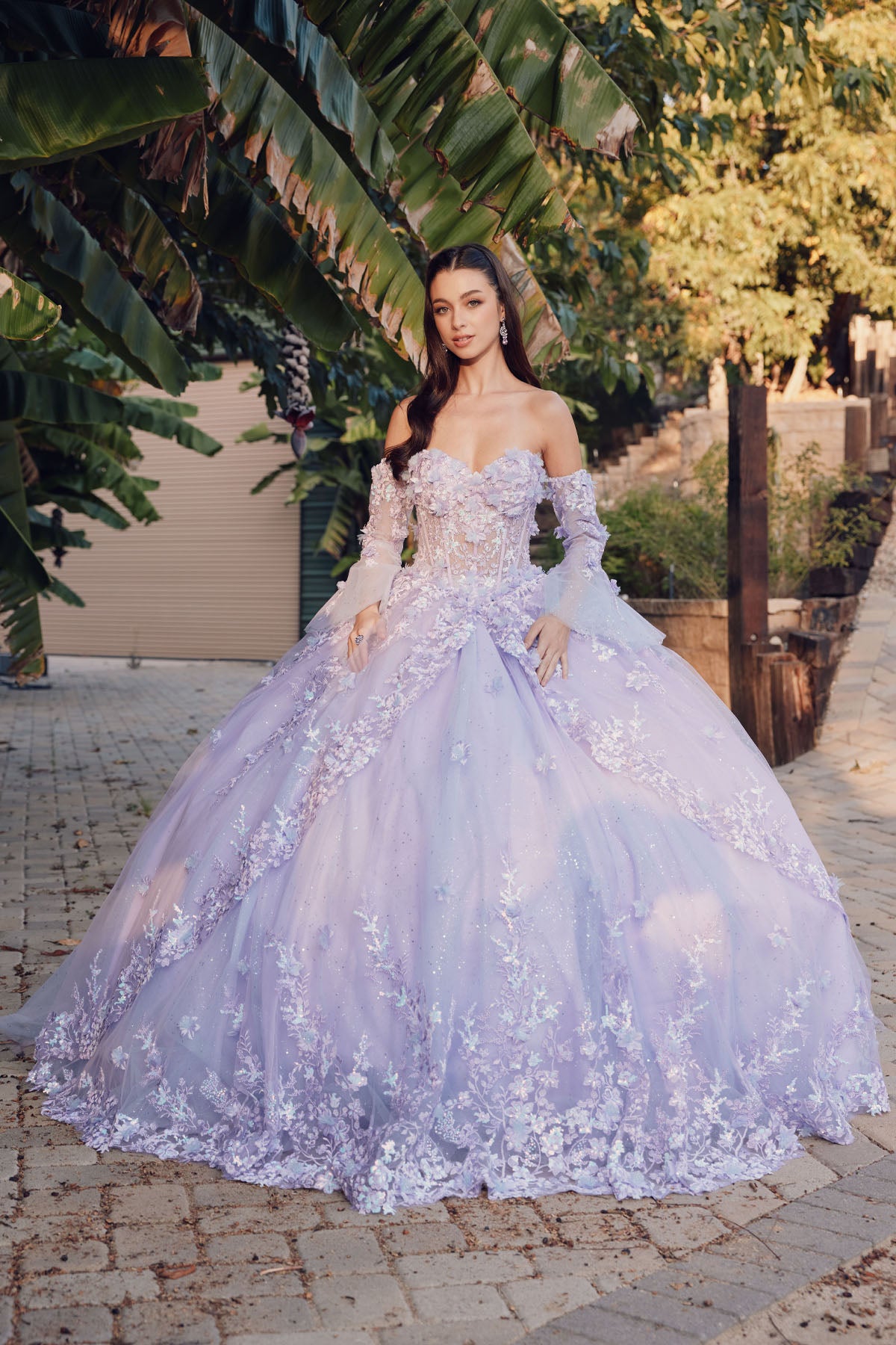 Quinceniera Dresses  3D Floral Corset With Matching Lace Gloves Quinceanera Ball Gown Lilac