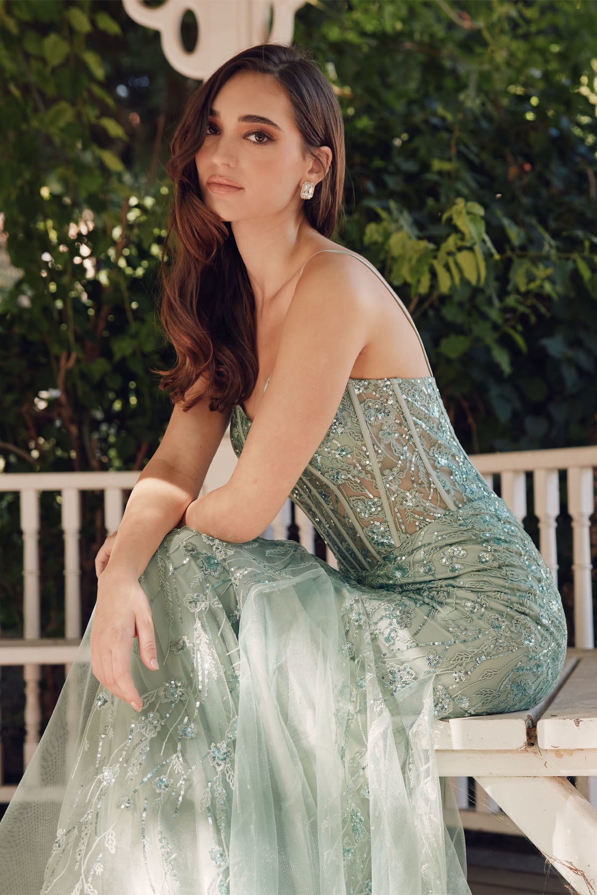 sage green sparkle dress Beaded Fitted Sleeveless Bow Slit Gown by Juliet JT2437A Sage Green / 2XL main image 1