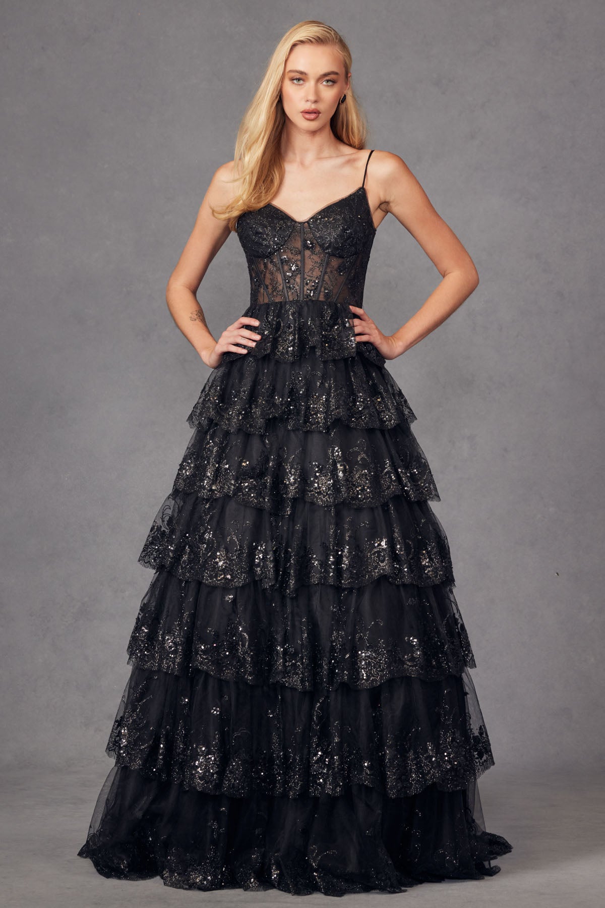 Black Juliet JT2454K Long Formal Ruffle Skirt Evening Prom Gown for