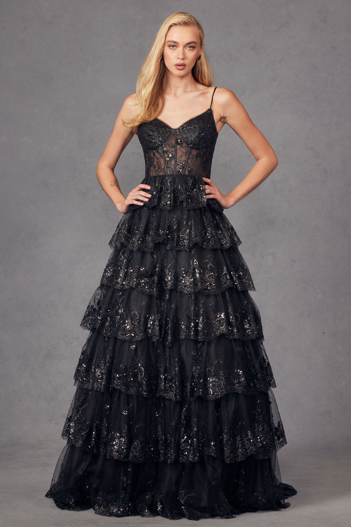 Prom Dresses  Ruffle Skirt Corset Bodice Long Formal Prom Gown Black