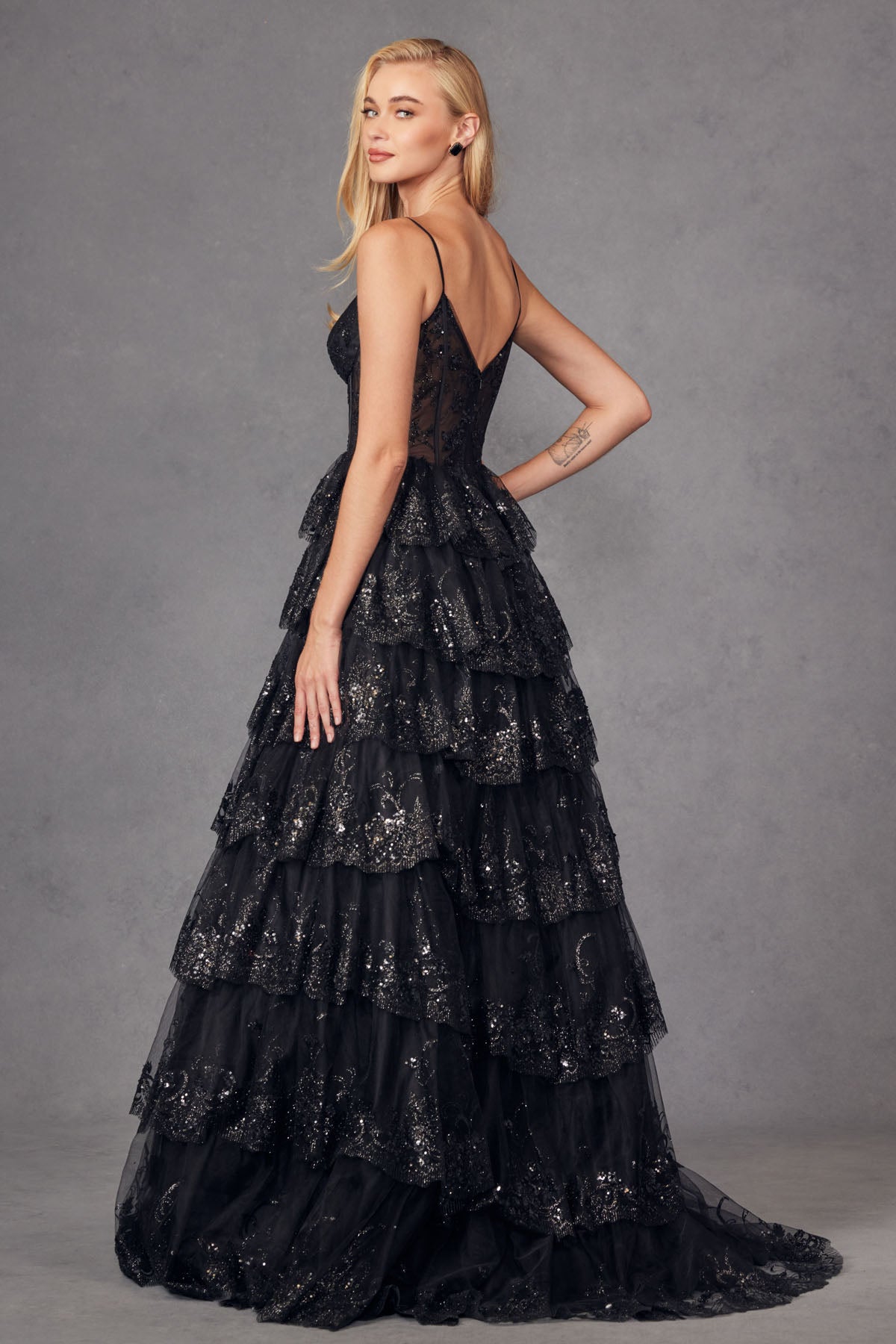 Juliet JT2454K Long Formal Ruffle Skirt Evening Prom Gown