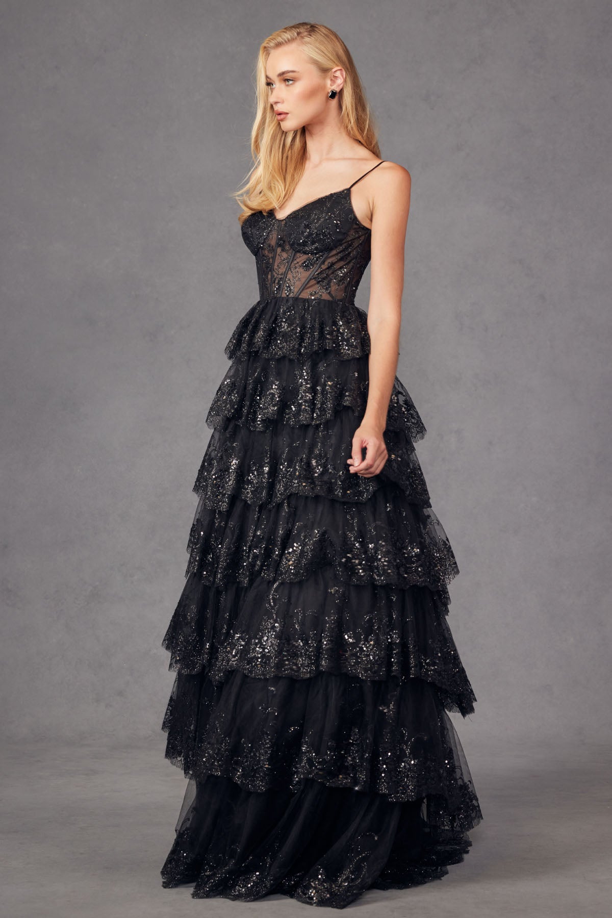 green emerald velvet dress Panelled Ruffle Evening Gown in Black - 10 main image 0