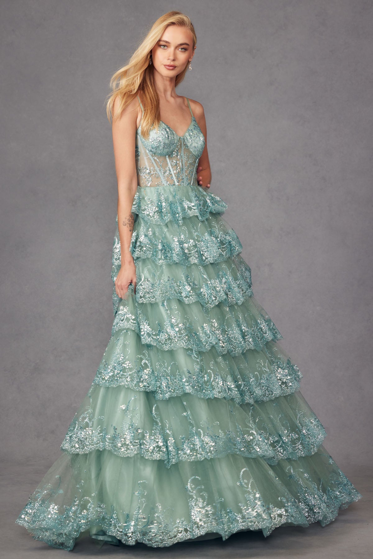 Juliet JT2454K Long Formal Ruffle Skirt Evening Prom Gown