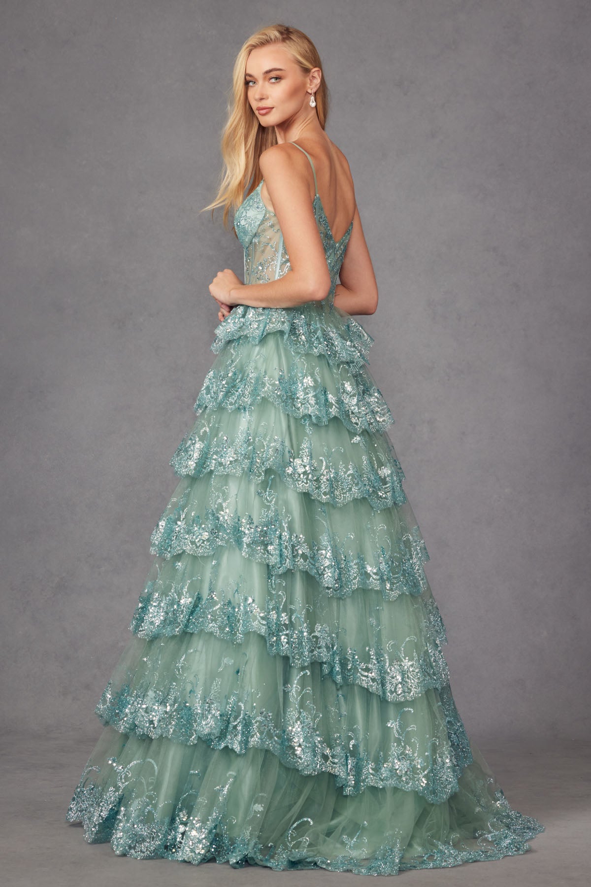 Prom Dresses  Ruffle Skirt Corset Bodice Long Formal Prom Gown Sea Green