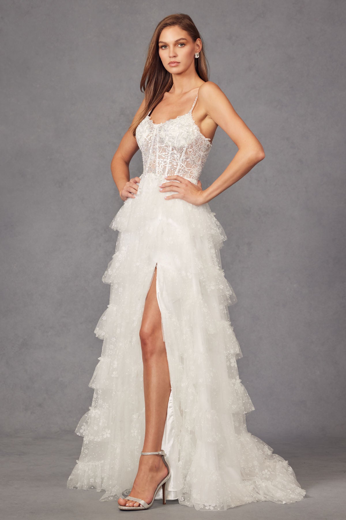 Off White Juliet JT2464AW Glitter Ruffle Skirt Long Wedding Dress