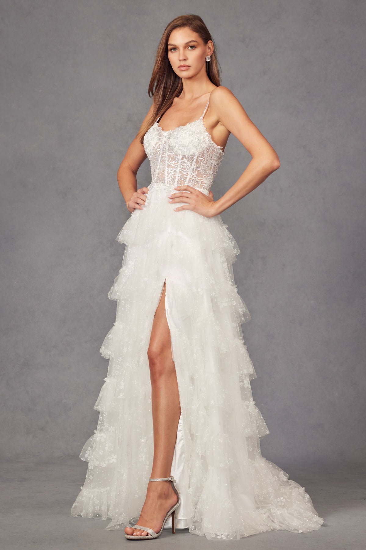 Wedding Dresses Sparkle Glitter Ruffle Skirt Bow Belt Bridal Gown Off White